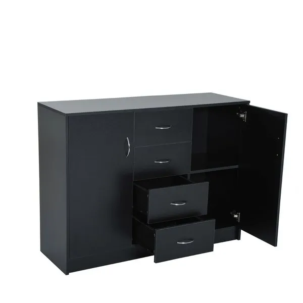 2 Door 4 Drawer Cabinet Storage Unit Free Standing Cupboard Chest Organizer Solid Wood (Black)