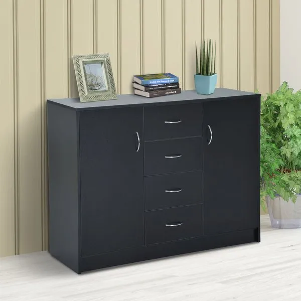 2 Door 4 Drawer Cabinet Storage Unit Free Standing Cupboard Chest Organizer Solid Wood (Black)