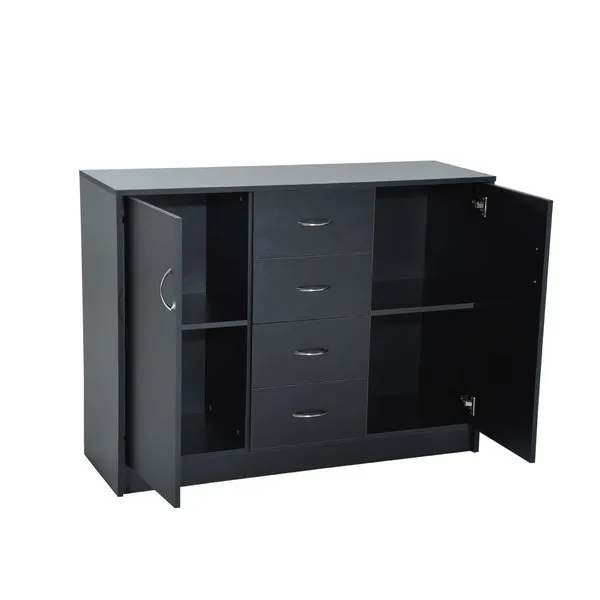 2 Door 4 Drawer Cabinet Storage Unit Free Standing Cupboard Chest Organizer Solid Wood (Black)