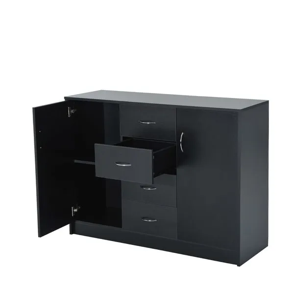 2 Door 4 Drawer Cabinet Storage Unit Free Standing Cupboard Chest Organizer Solid Wood (Black)