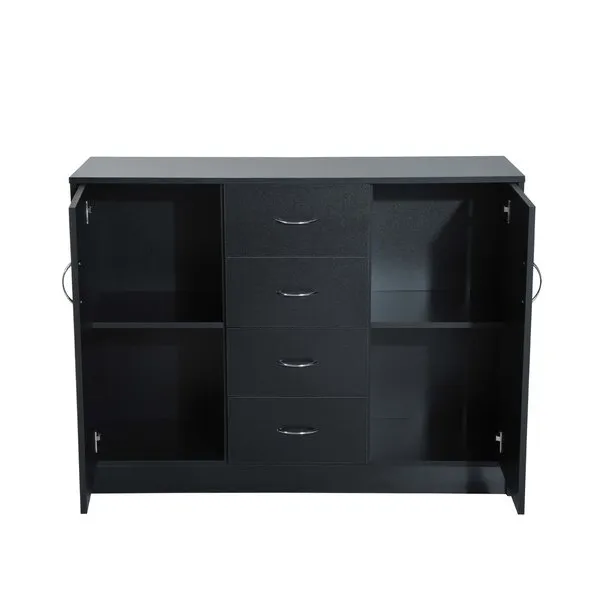 2 Door 4 Drawer Cabinet Storage Unit Free Standing Cupboard Chest Organizer Solid Wood (Black)