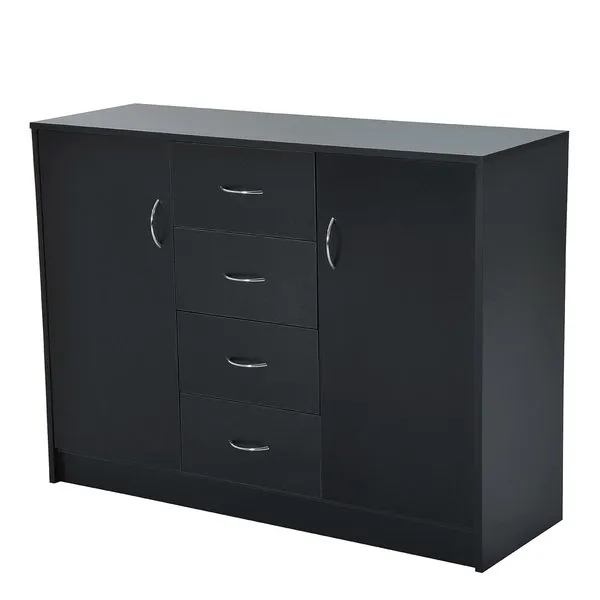 2 Door 4 Drawer Cabinet Storage Unit Free Standing Cupboard Chest Organizer Solid Wood (Black)