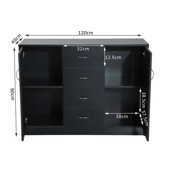 2 Door 4 Drawer Cabinet Storage Unit Free Standing Cupboard Chest Organizer Solid Wood (Black)