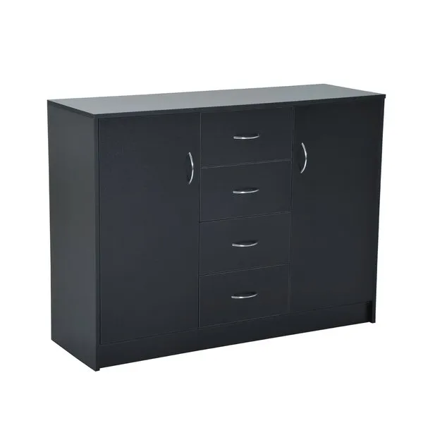 2 Door 4 Drawer Cabinet Storage Unit Free Standing Cupboard Chest Organizer Solid Wood (Black)