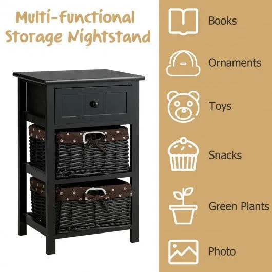 3 Layer 1 Drawer Nightstand End Table with 2 Baskets-Black