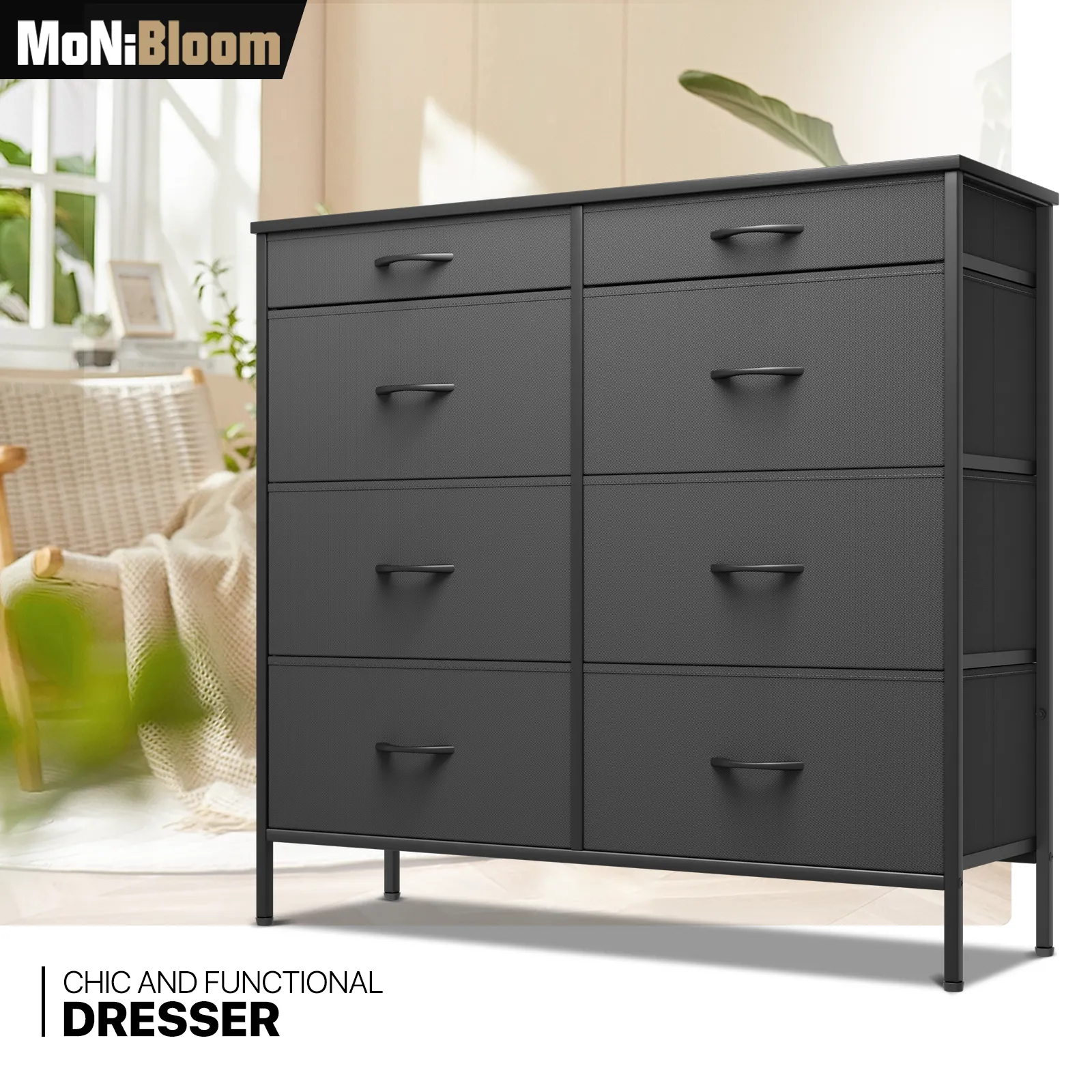 34.5" Height Dresser - 8 Fabric Drawer- Metal Frame - MDF Top