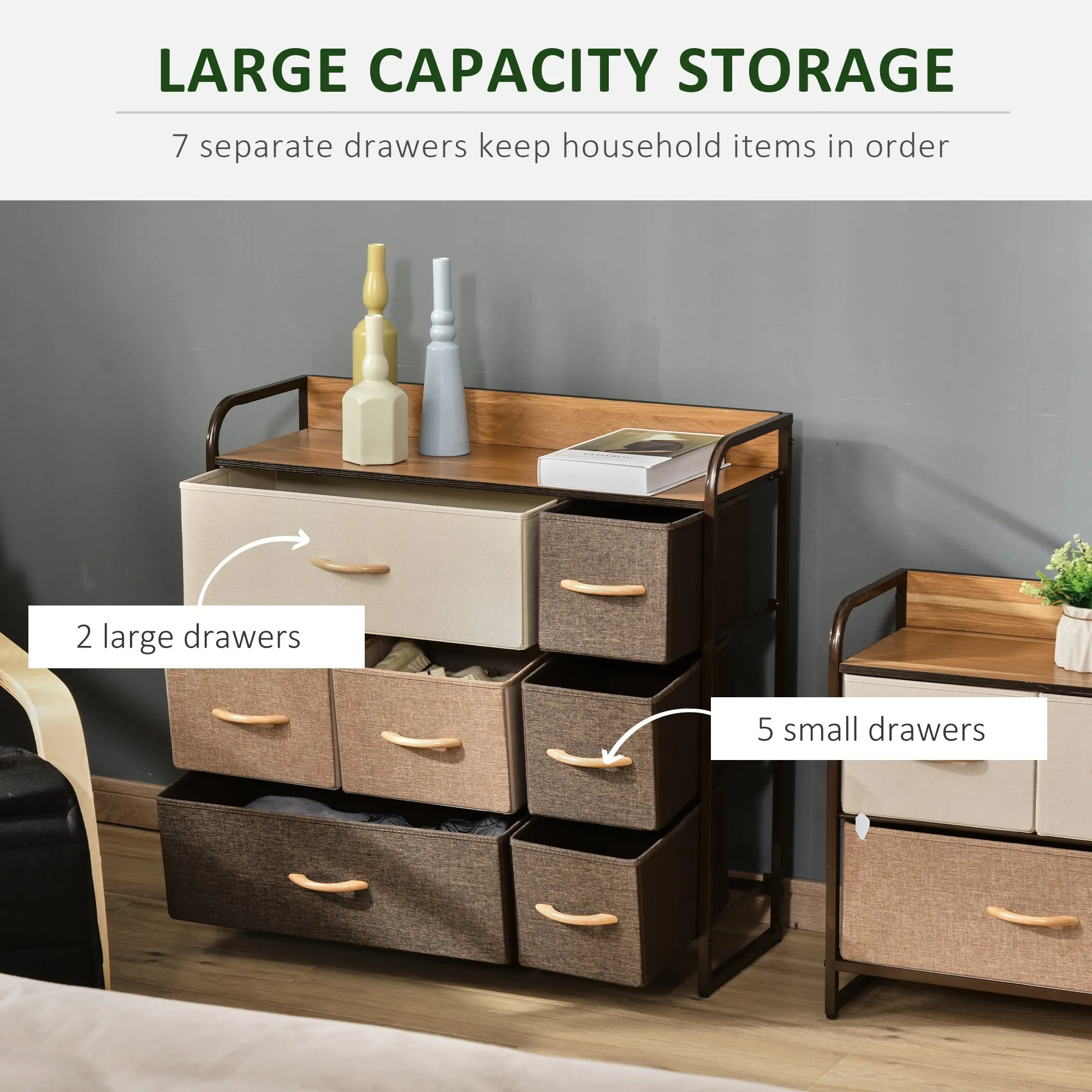 7-Drawer Dresser, Fabric Chest of Drawers, 3-Tier Storage Organizer for Bedroom Hallway Entryway, Tower Unit with Steel Frame Wooden Top