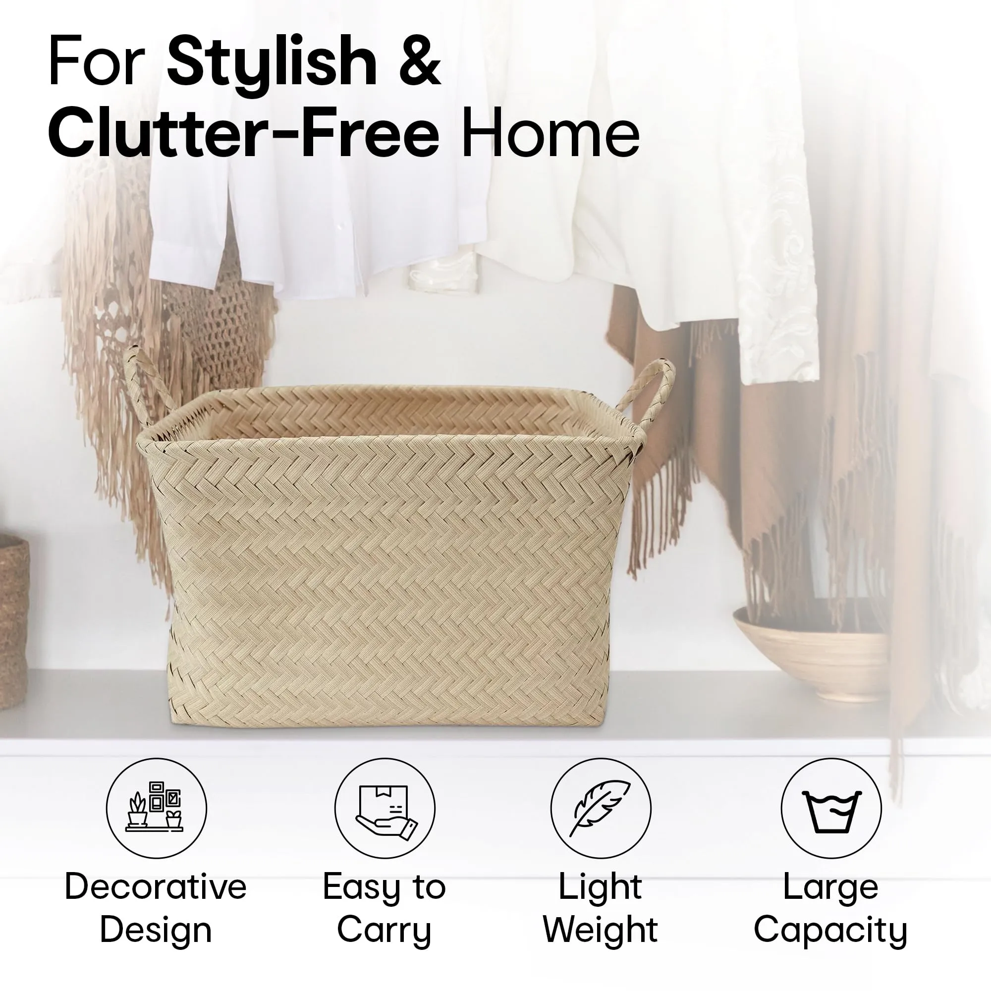 Anko Weave Design Rectangle Basket Storage Basket | Household Organiser Unit | Storage Basket with Built-in Handles | Multi-Purpose Storage for Living Room Bathroom