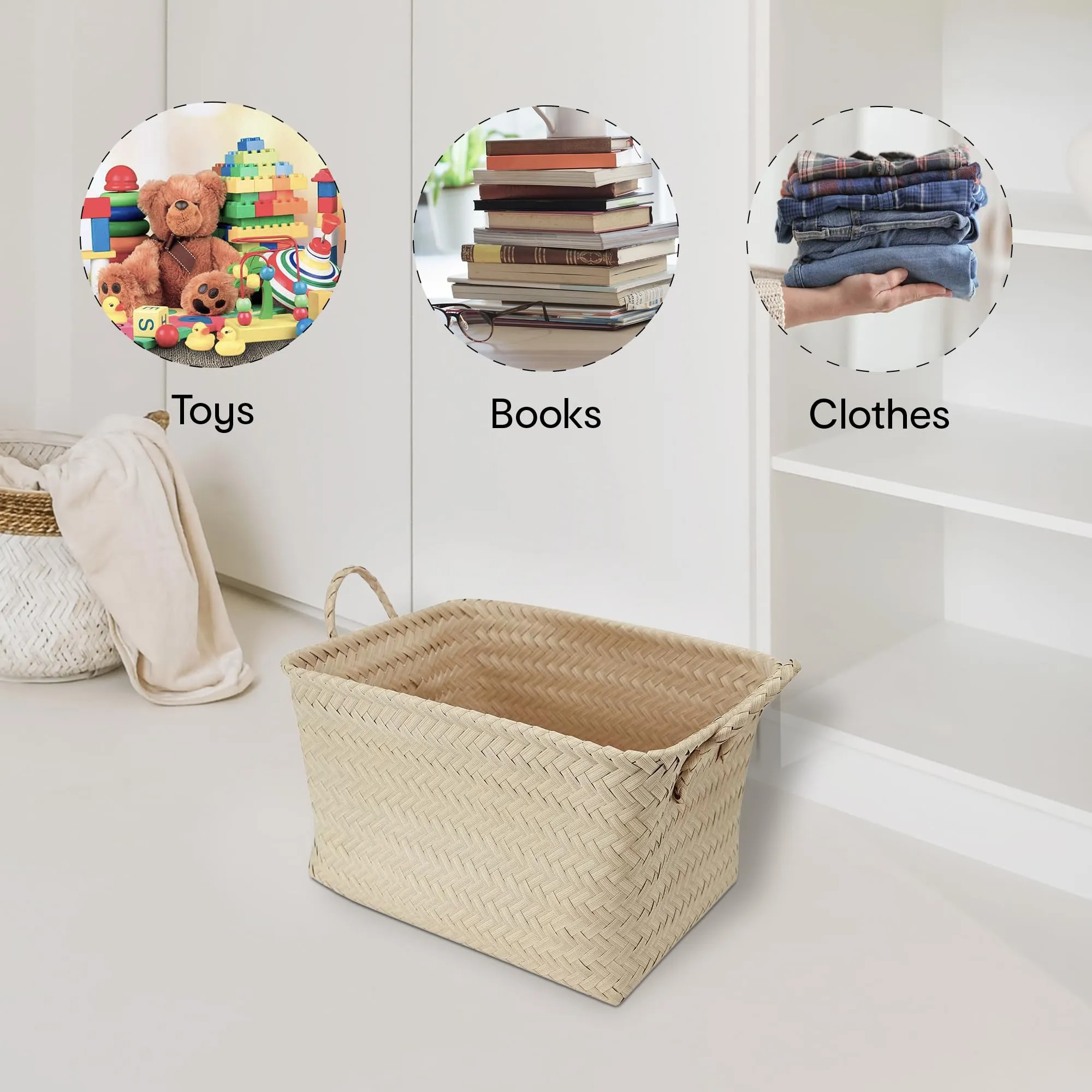 Anko Weave Design Rectangle Basket Storage Basket | Household Organiser Unit | Storage Basket with Built-in Handles | Multi-Purpose Storage for Living Room Bathroom