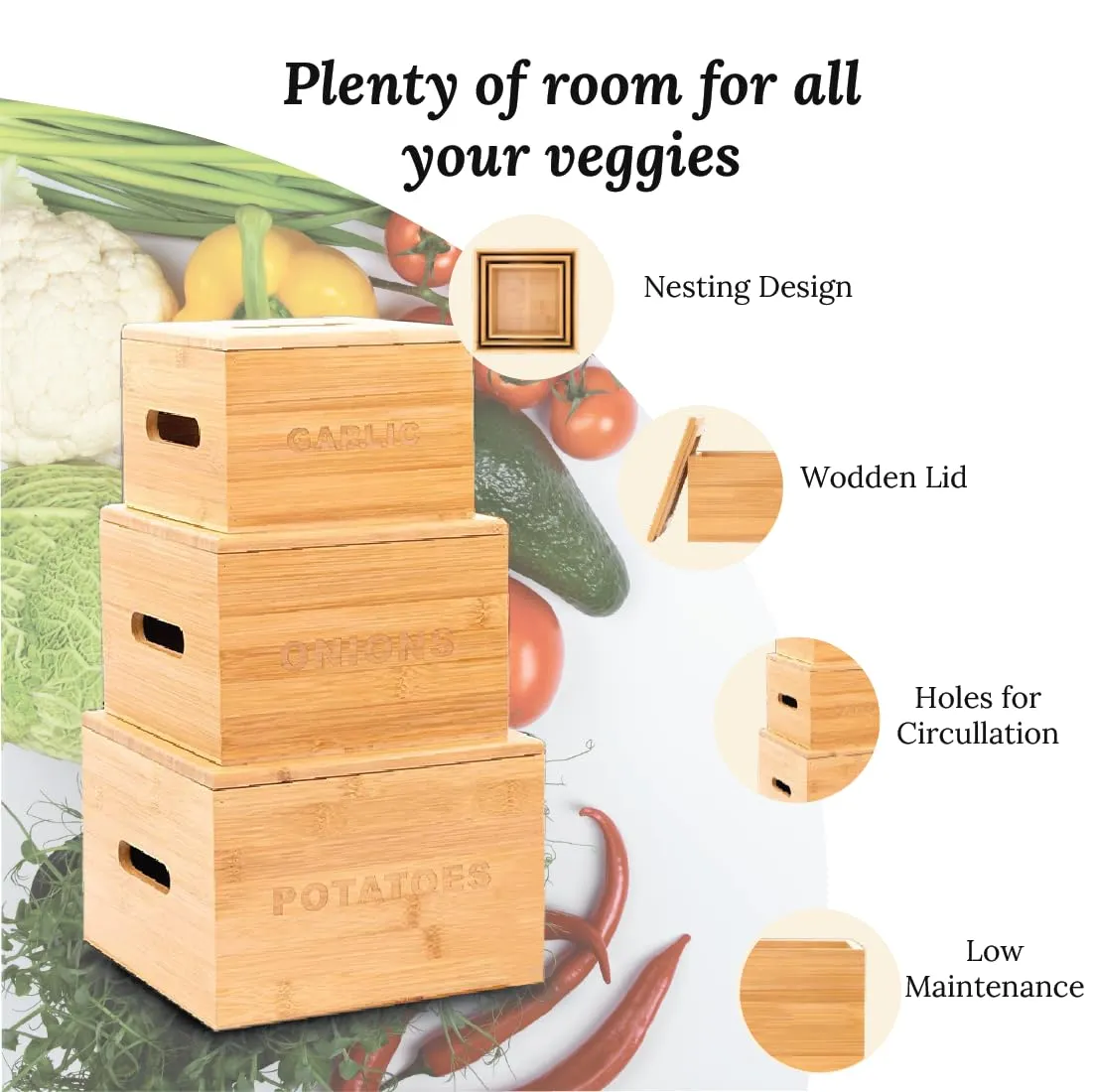 Ekhasa Onion Potato Garlic Storage Container For Kitchen With Lid (9.5L, 3.3L, 1.8L Set Of 3) Food Grade Container Storage Set Organisers Storage Box For Kitchen Vegetables Tin Boxes, White