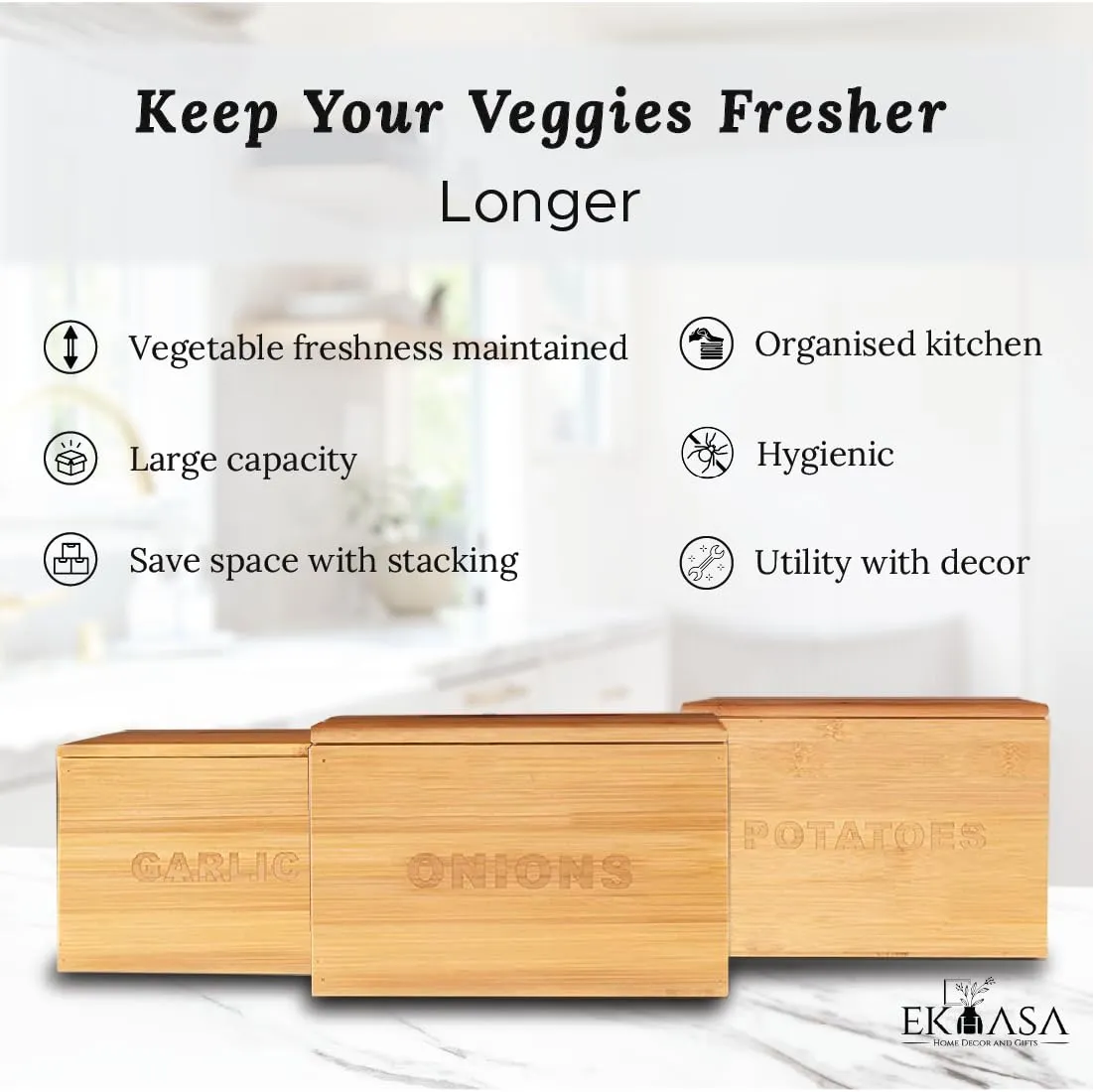Ekhasa Onion Potato Garlic Storage Container For Kitchen With Lid (9.5L, 3.3L, 1.8L Set Of 3) Food Grade Container Storage Set Organisers Storage Box For Kitchen Vegetables Tin Boxes, White