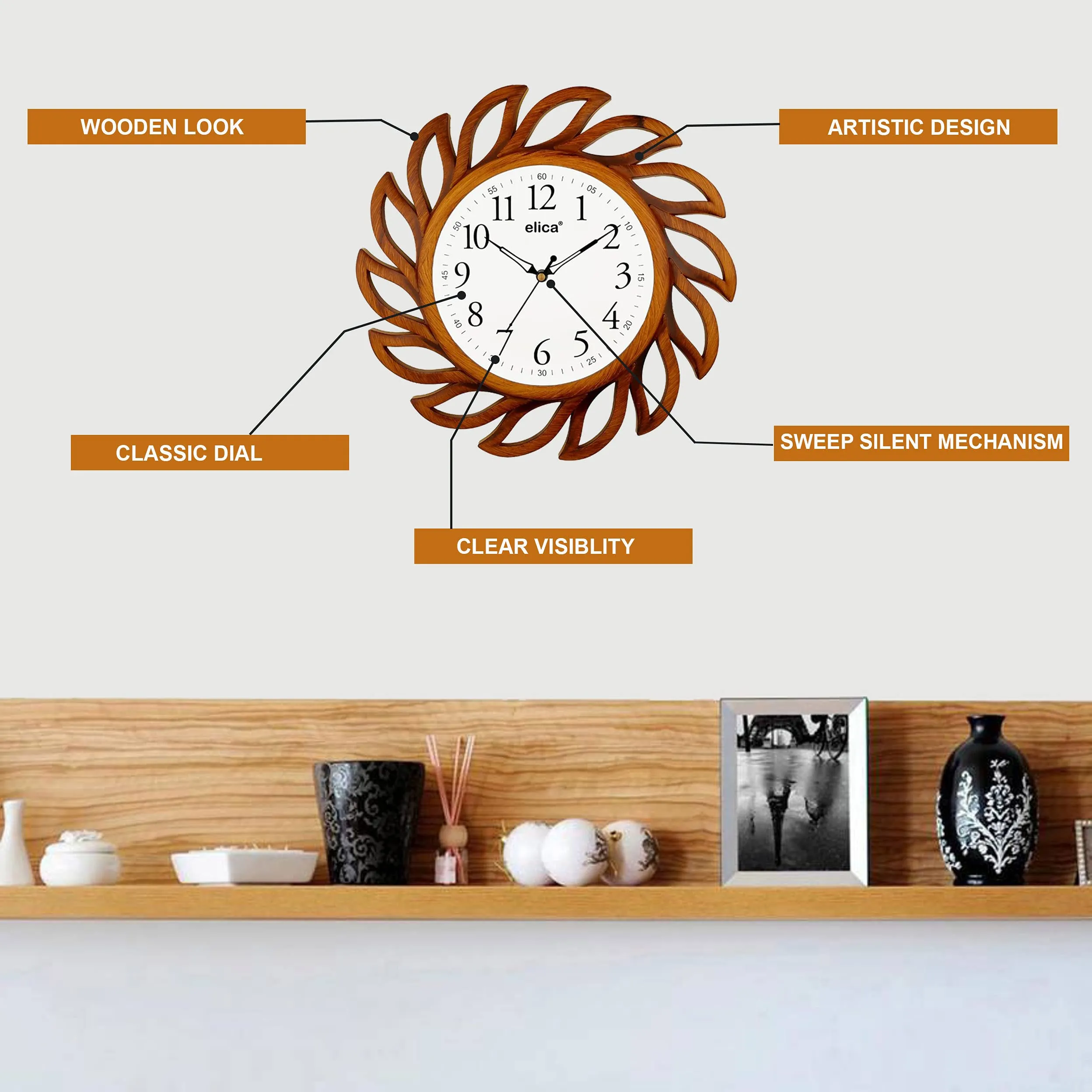 Elica Plastic 14 Inch Vintage Designer Sweep Silent Wall Clock (Wood)