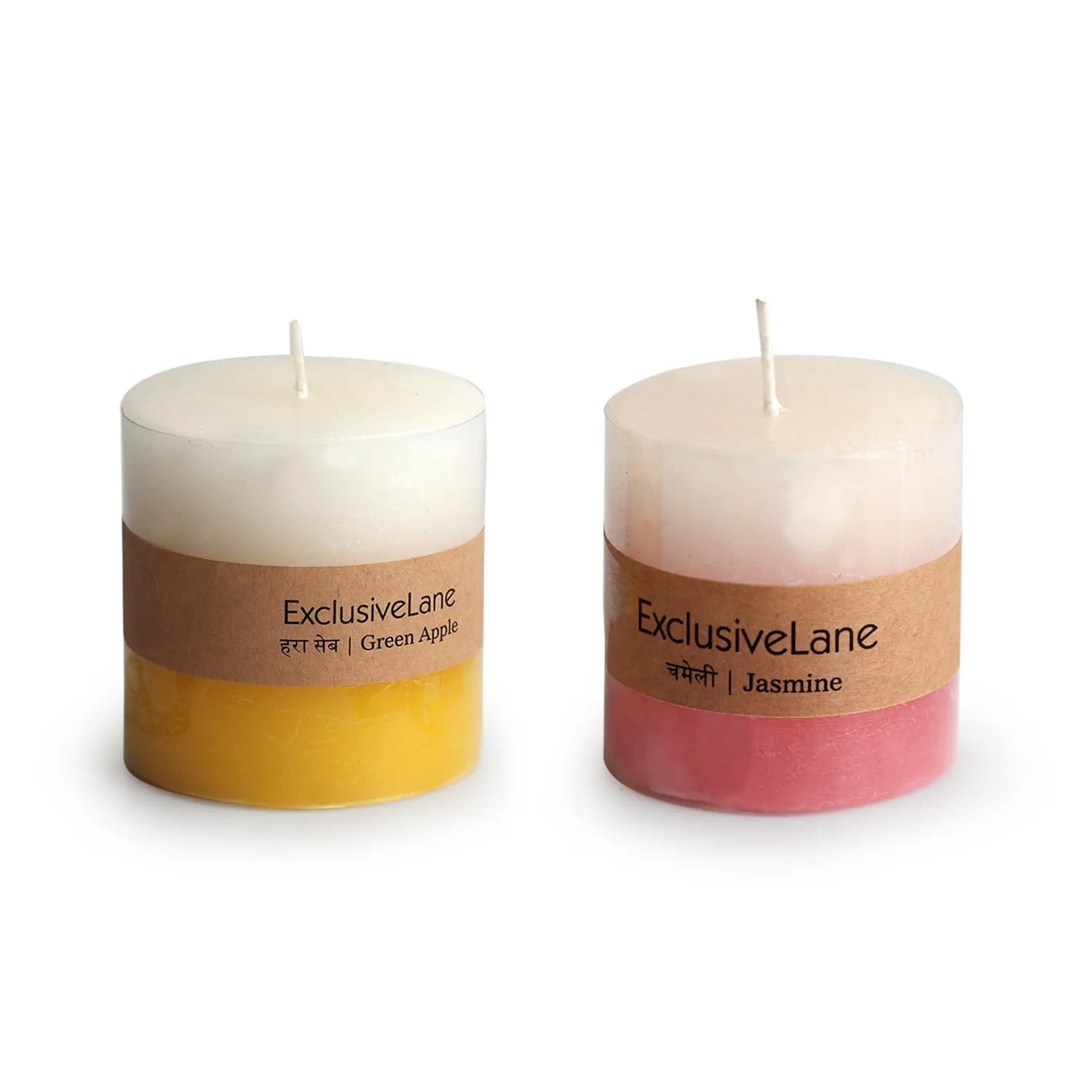 ExclusiveLane 'Green Apple & Jasmine' Handmade Wax Pillar Candles Scented for Home Décor & Bedroom Decoration Items (Set of 2, 30 Hours Burn Time, Soy Blend, 320 Grams)