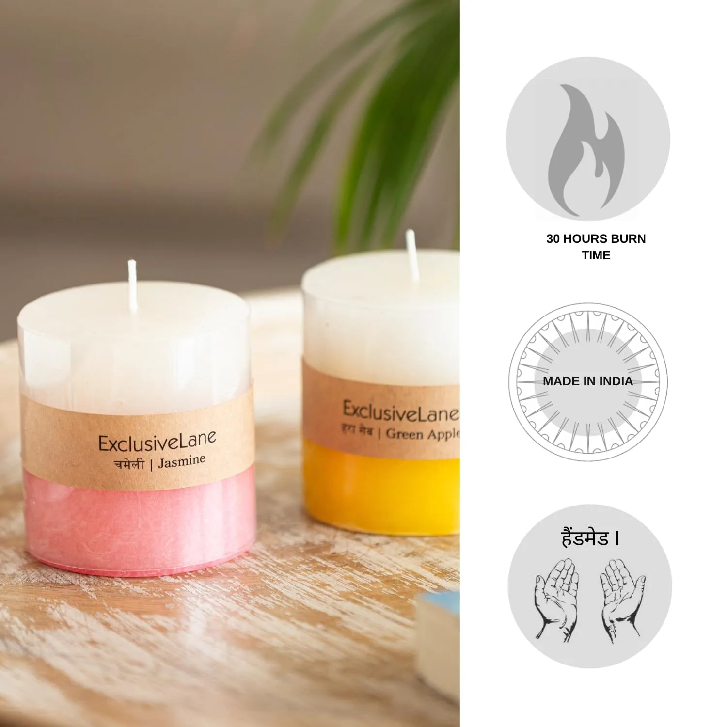 ExclusiveLane 'Green Apple & Jasmine' Handmade Wax Pillar Candles Scented for Home Décor & Bedroom Decoration Items (Set of 2, 30 Hours Burn Time, Soy Blend, 320 Grams)