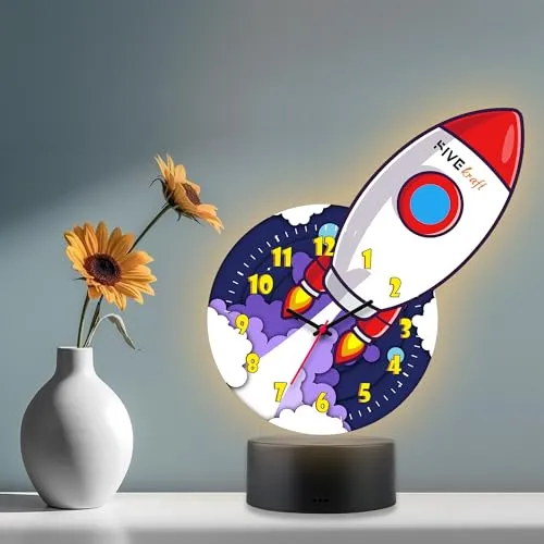 FIVE KRAFT Rocket Premium Table Clock with LED Base Light in Warm Colour (Table Top Decor for Kids Room)