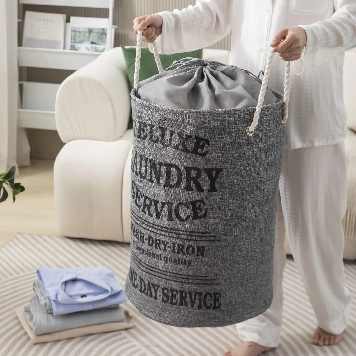 Grey Foldable Laundry Bin with Lid Drawstring