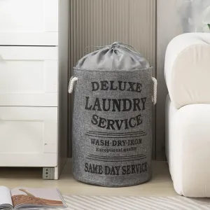 Grey Foldable Laundry Bin with Lid Drawstring