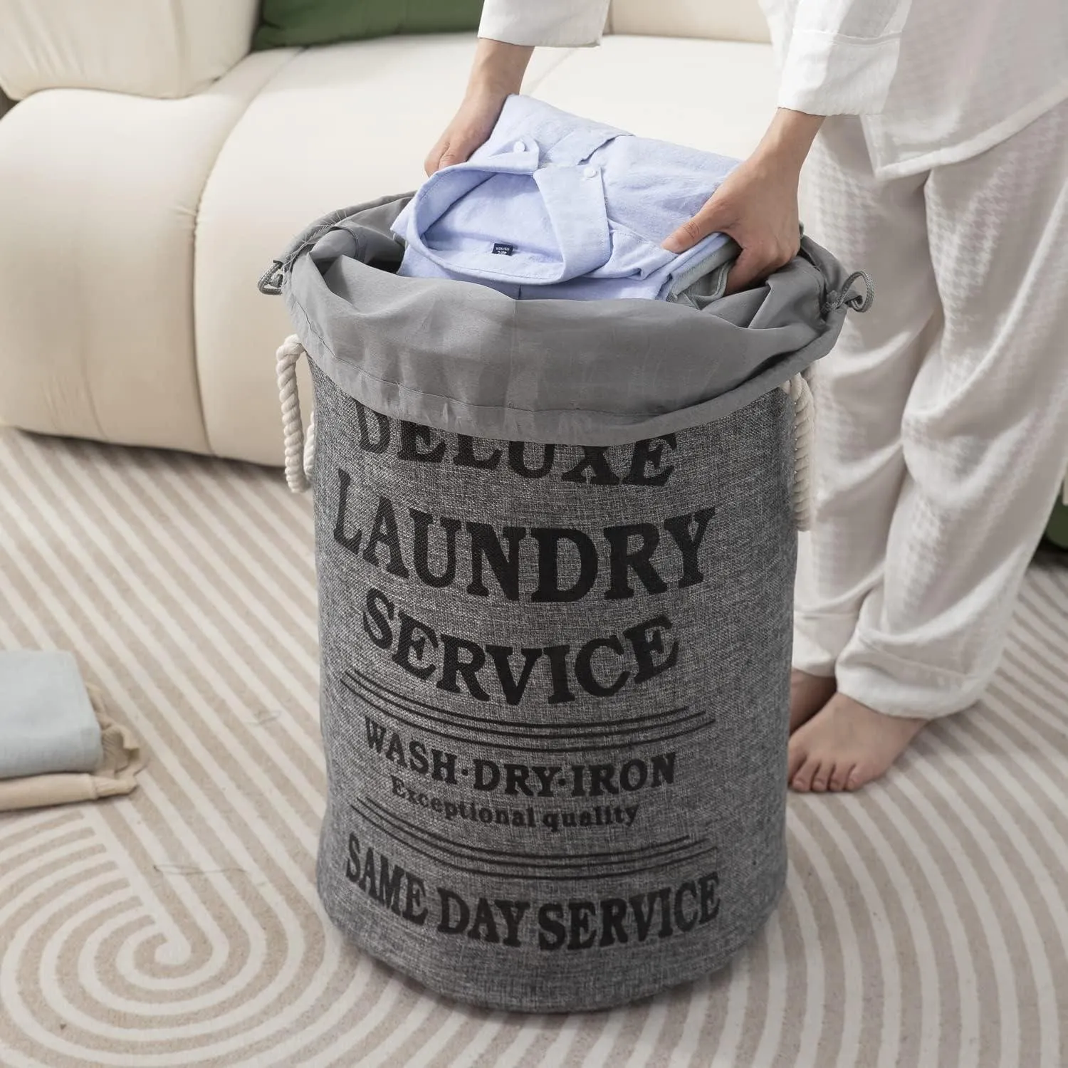 Grey Foldable Laundry Bin with Lid Drawstring