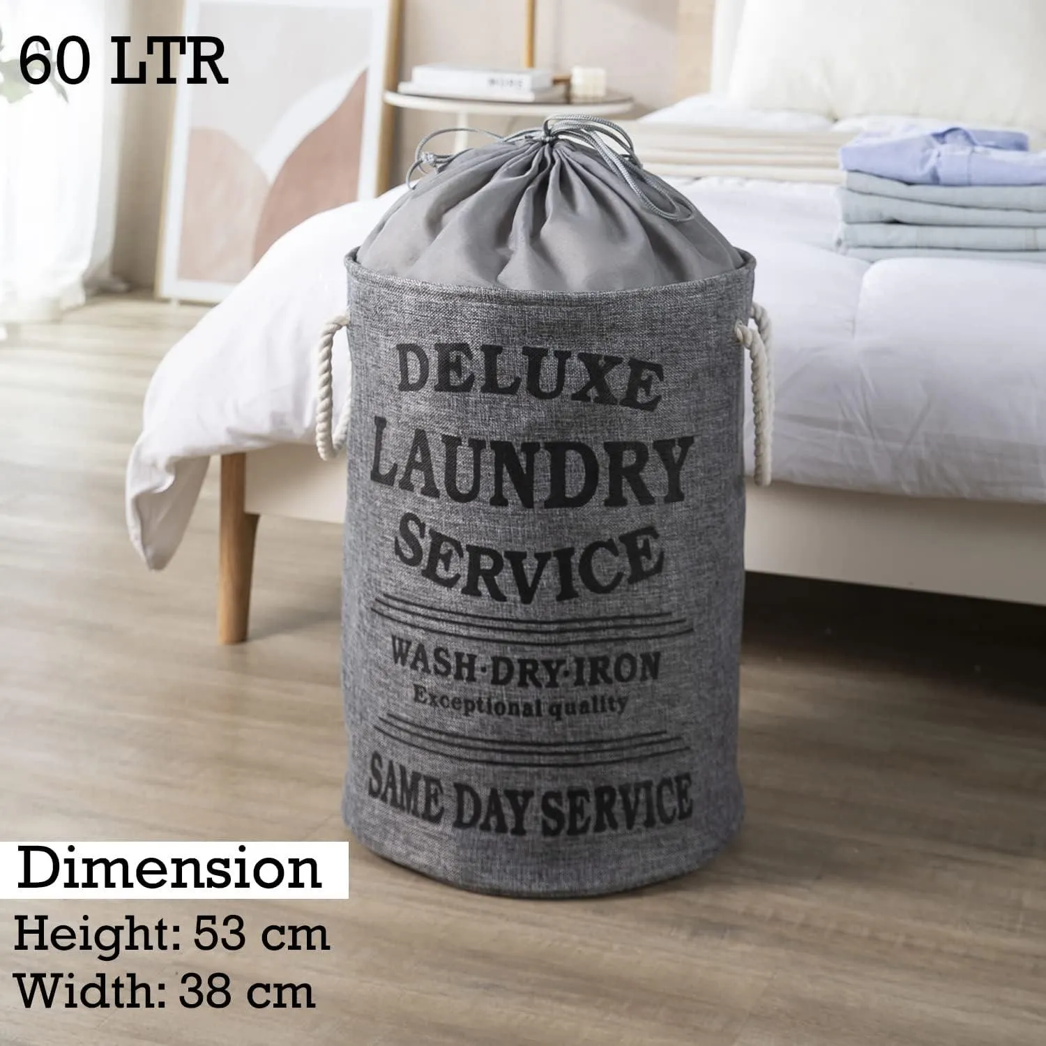 Grey Foldable Laundry Bin with Lid Drawstring