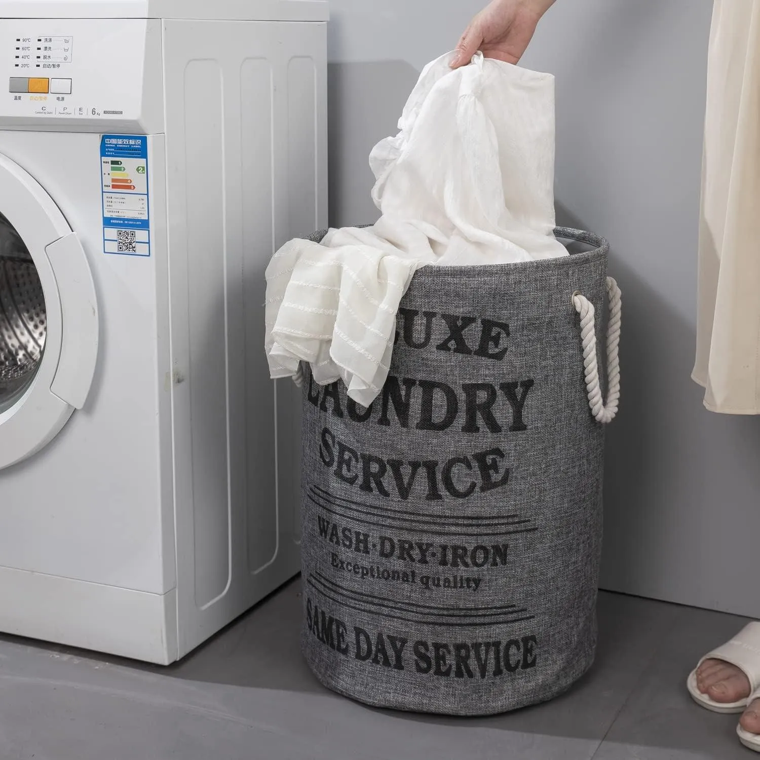 Grey Foldable Laundry Bin with Lid Drawstring