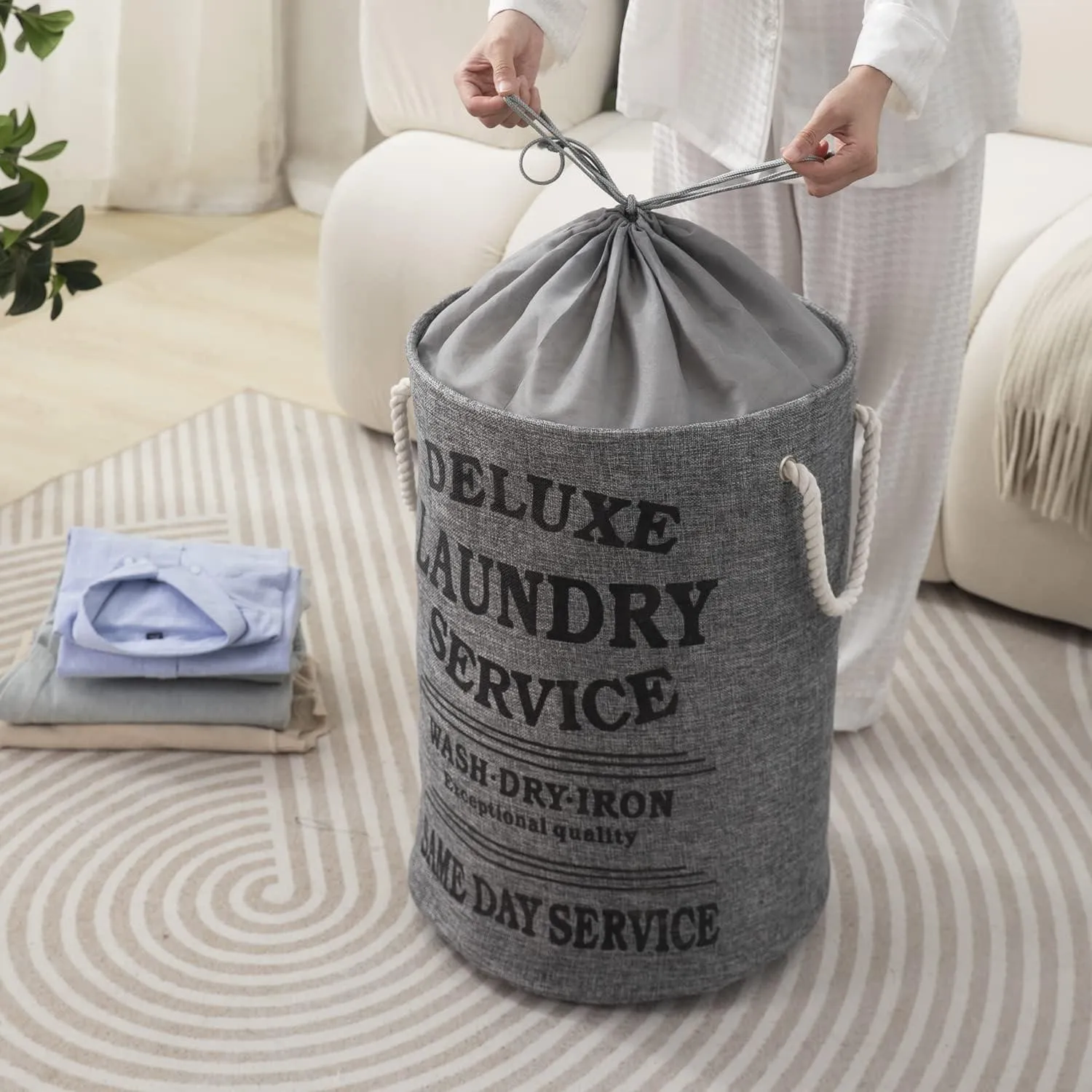Grey Foldable Laundry Bin with Lid Drawstring