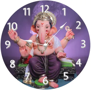 KARTIK Lord Ganesha Printed Design Round Wooden Wall Clock Without Glass for Your Home/Living Room/Bedroom/Kitchen and Office (Multicolor, 11X11 inches)