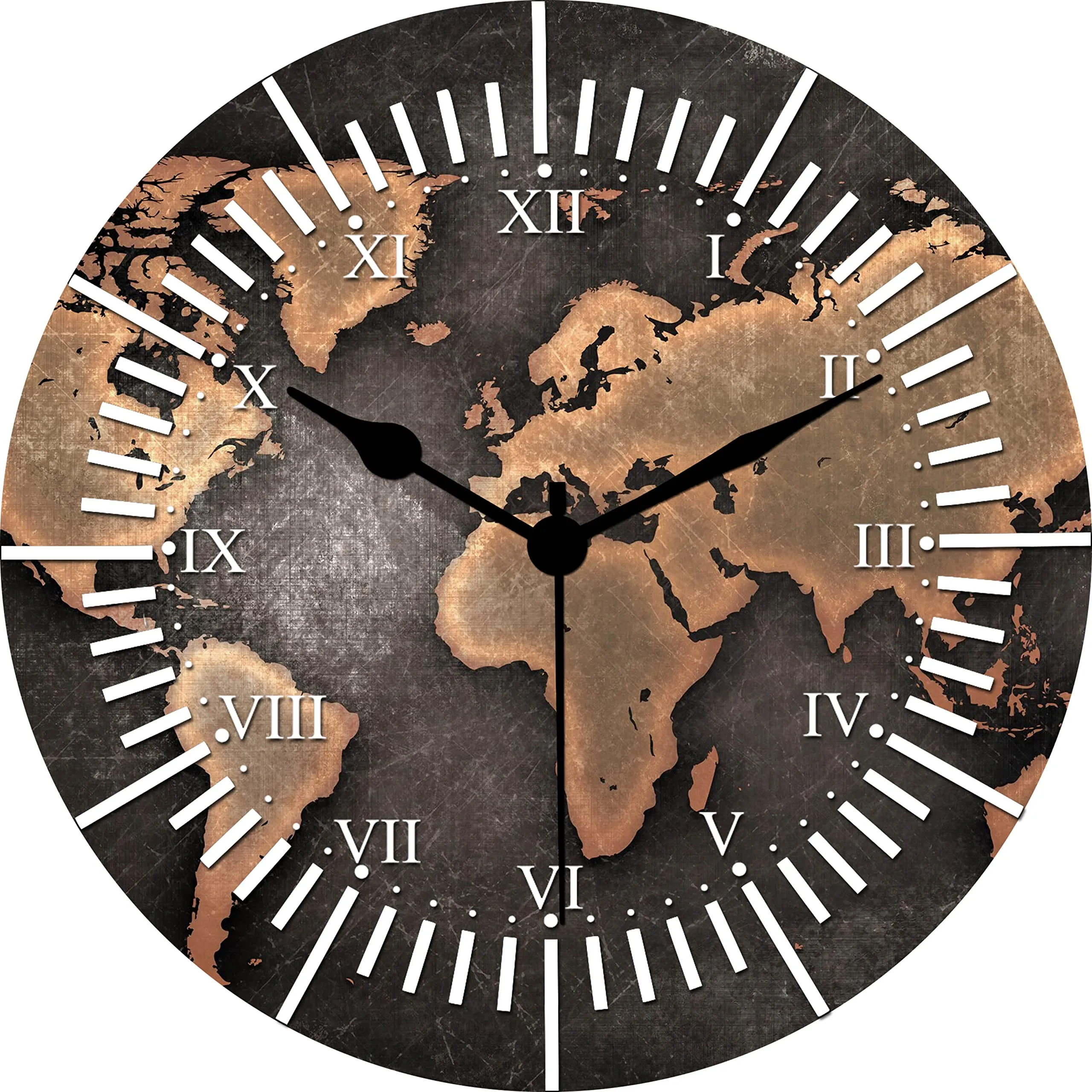 Kartik Rough Look World Map Printed Designer Round Wooden Wall Clock Without Glass for Your Home/Living Room/Bedroom/Kitchen and Office (Multicolor, 11X11 inches)