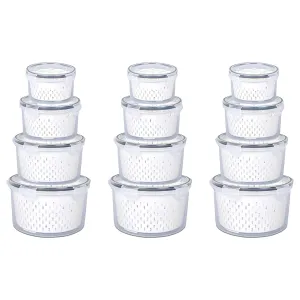 Kuber Industries 12 Pcs Food Containers | Round Storage Box for Fridge | Vegetable Fruit Strainer Basket | Refrigerator Storage Box | Containers With Airtight Lid | HXP00285 | Transparent| Pack of 3