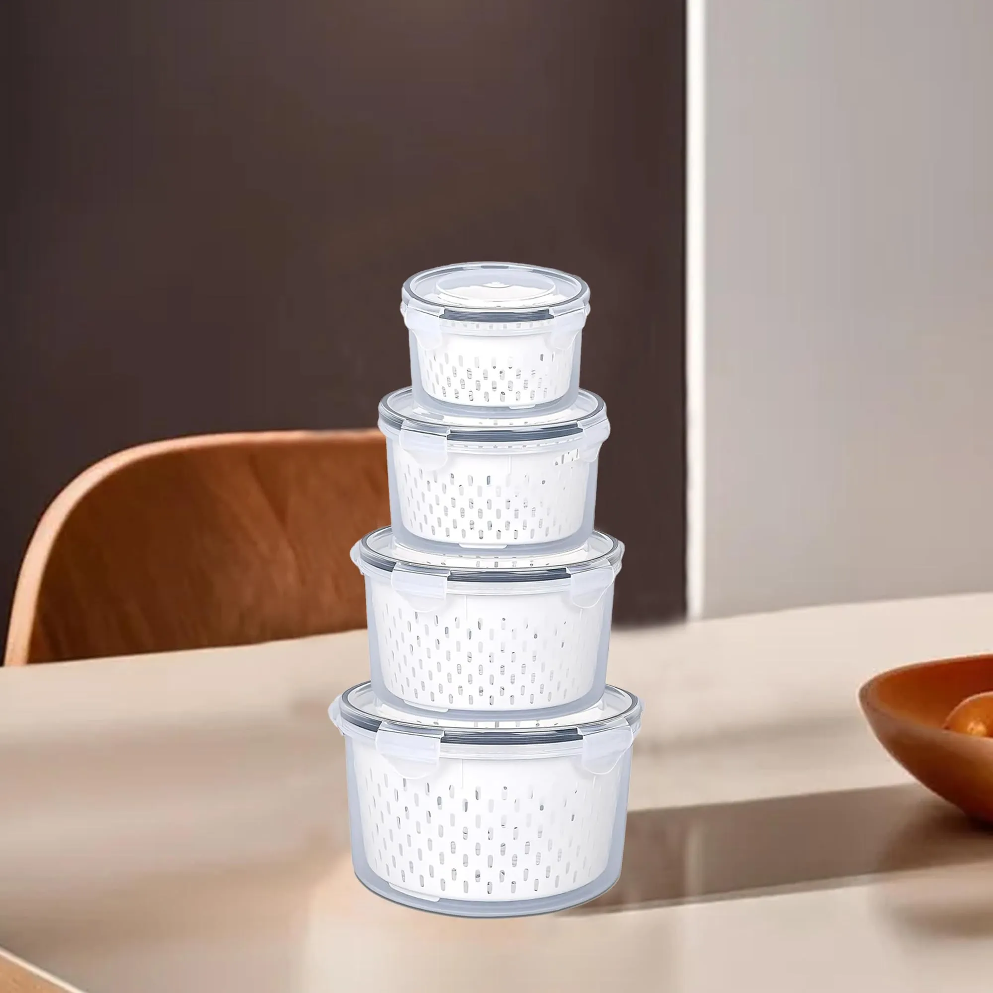 Kuber Industries 12 Pcs Food Containers | Round Storage Box for Fridge | Vegetable Fruit Strainer Basket | Refrigerator Storage Box | Containers With Airtight Lid | HXP00285 | Transparent| Pack of 3