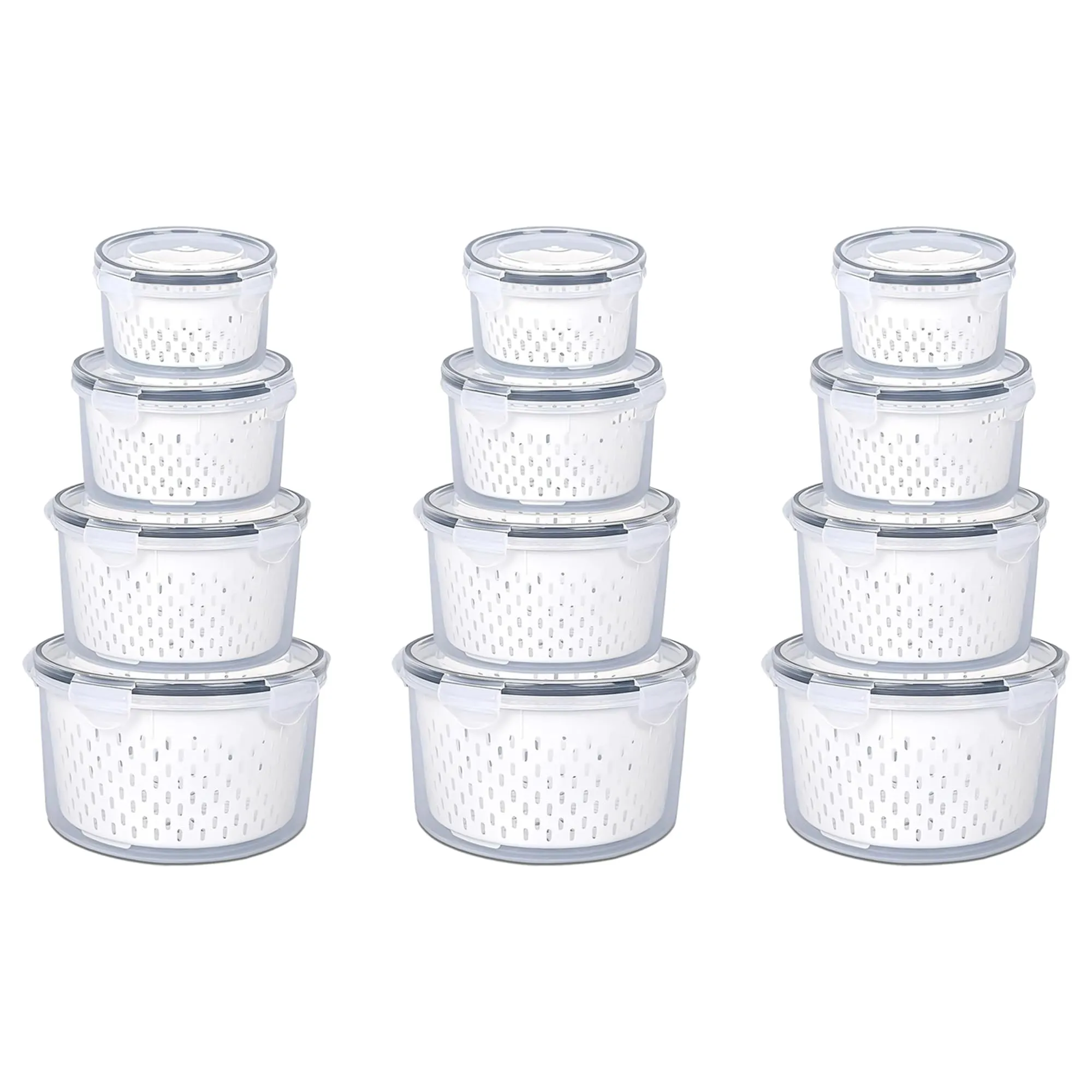 Kuber Industries 12 Pcs Food Containers | Round Storage Box for Fridge | Vegetable Fruit Strainer Basket | Refrigerator Storage Box | Containers With Airtight Lid | HXP00285 | Transparent| Pack of 3