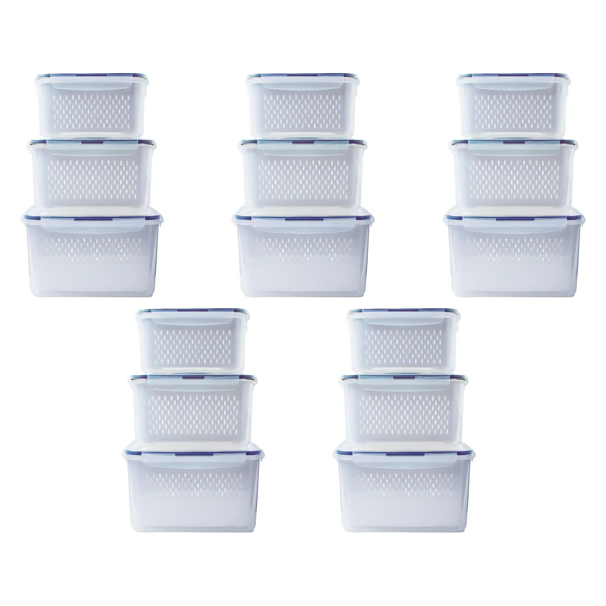 Kuber Industries 15 Pcs Food Containers | Storage Box for Fridge | Vegetable Fruit Boxes | Refrigerator Storage Box | Containers With Airtight Lid | Strainer Basket | HXP00284 | Transparent|Pack of 5
