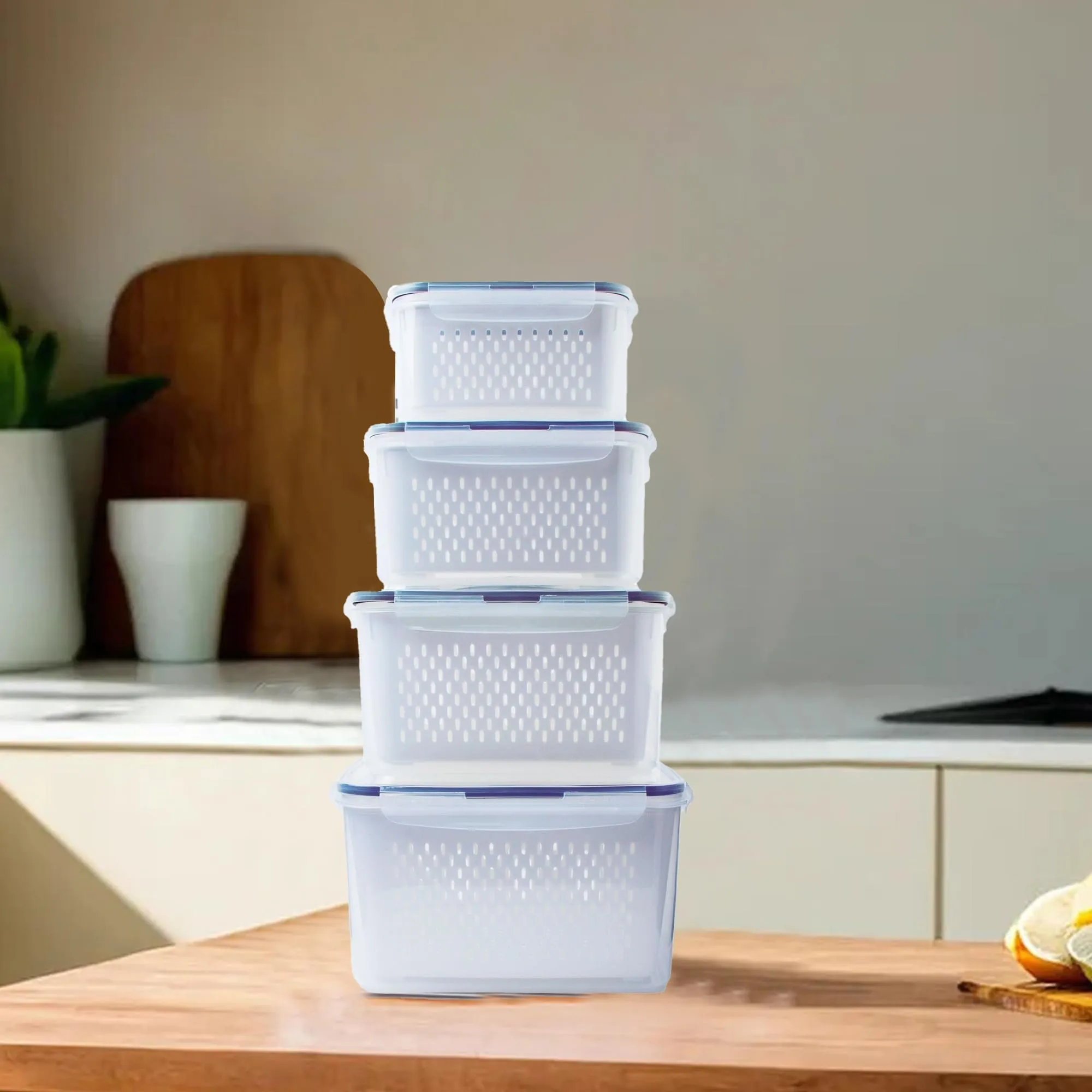 Kuber Industries 16 Pcs Food Containers | Storage Box for Fridge |Vegetable Fruit Boxes | Refrigerator Storage Box | Containers With Airtight Lid | Strainer Basket | HXP00287 | Transparent Pack of 4