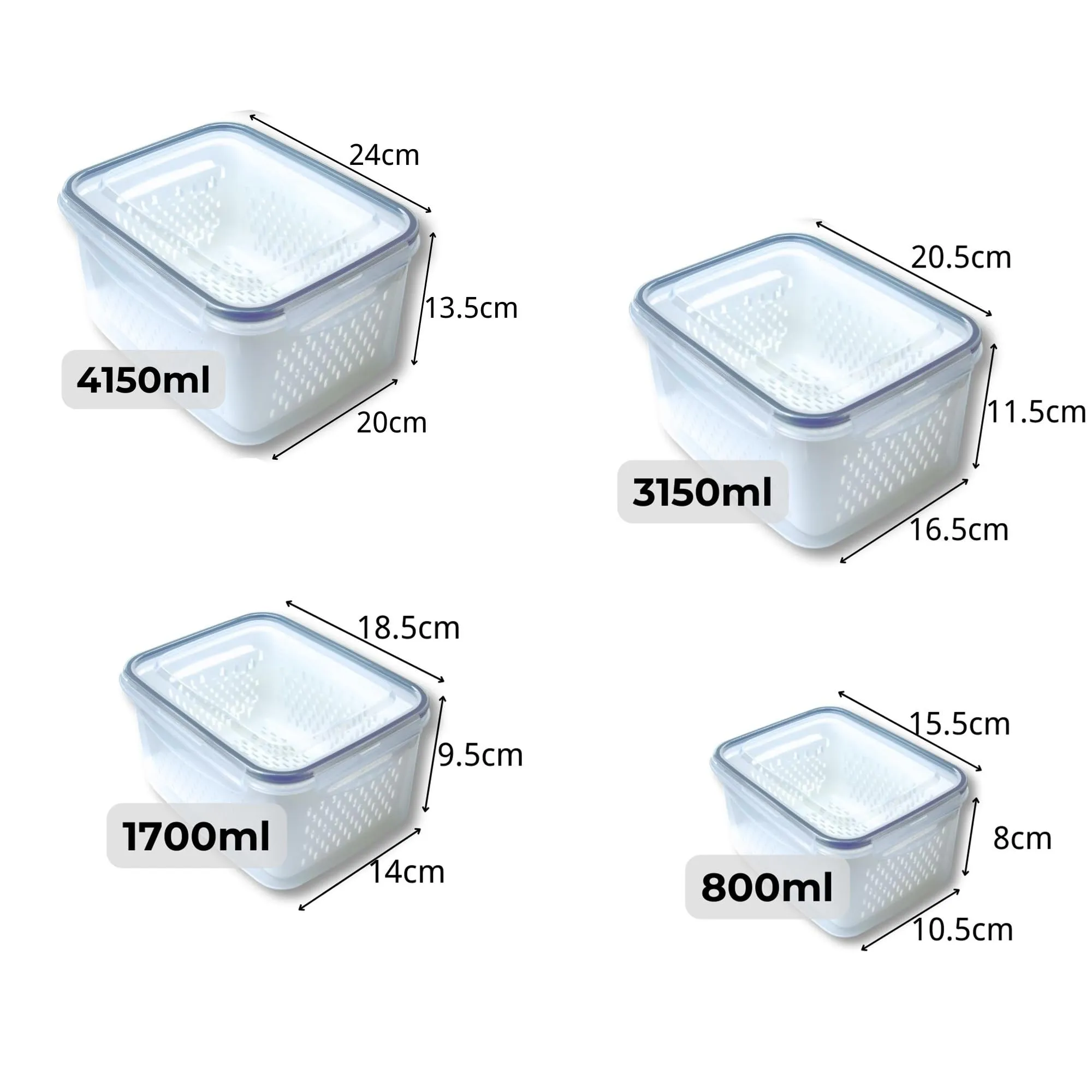 Kuber Industries 16 Pcs Food Containers | Storage Box for Fridge |Vegetable Fruit Boxes | Refrigerator Storage Box | Containers With Airtight Lid | Strainer Basket | HXP00287 | Transparent Pack of 4