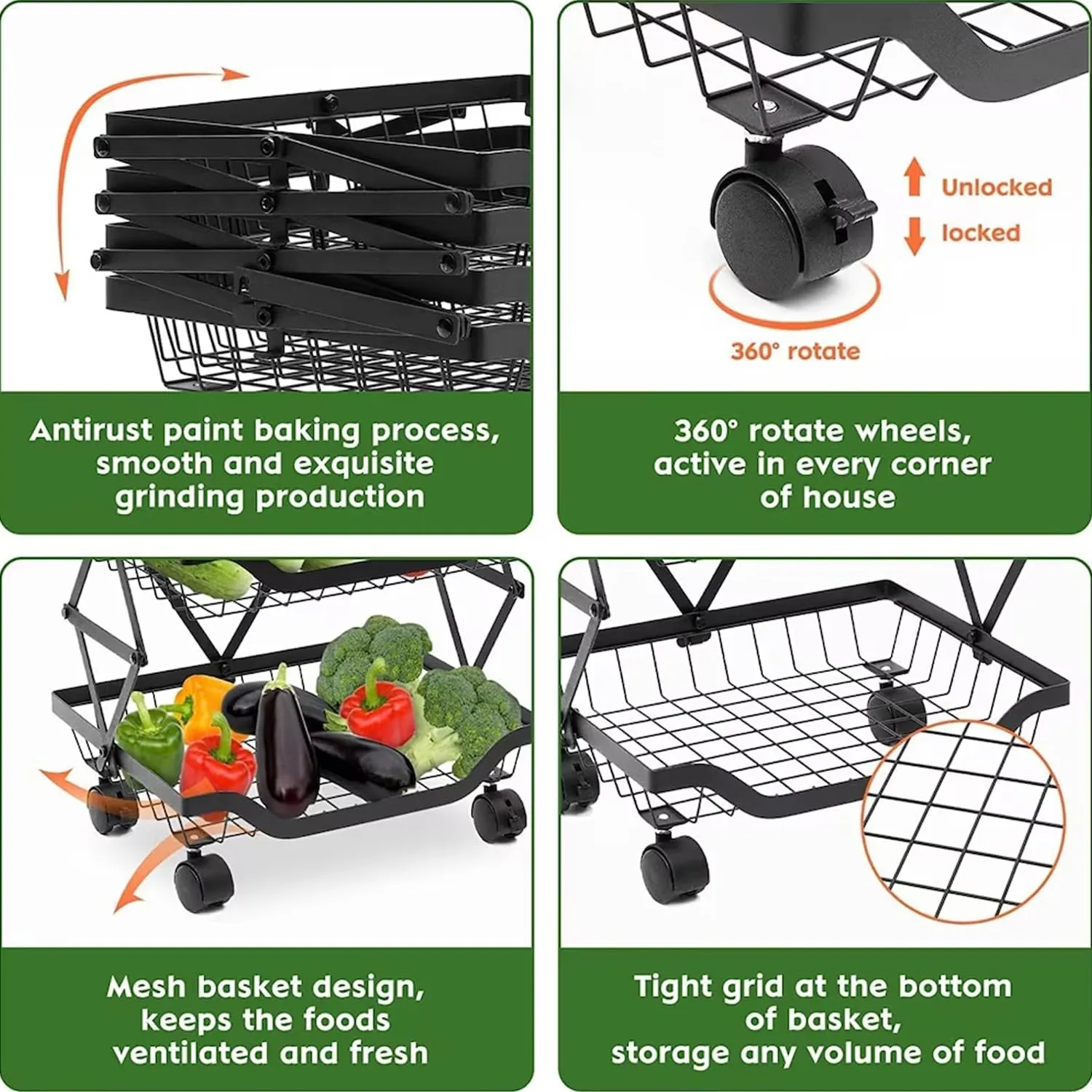 Kuber Industries 5-Layer Collapsible Kitchen Rack|Multipurpose Storage Basket|360-Degree Rotable Kitchen Trolley|Fruit Basket Pack of 2 (Black)