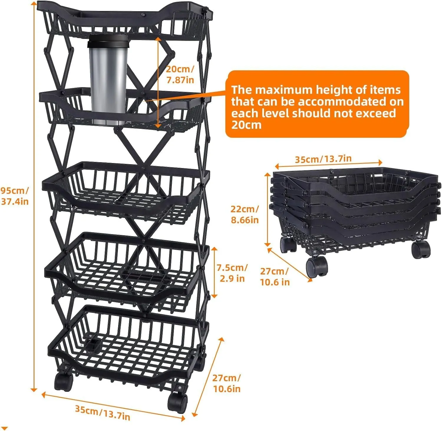 Kuber Industries 5-Layer Collapsible Kitchen Rack|Multipurpose Storage Basket|360-Degree Rotable Kitchen Trolley|Fruit Basket Pack of 2 (Black)