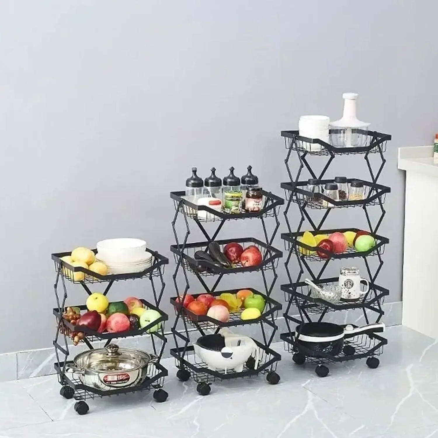 Kuber Industries 5-Layer Collapsible Kitchen Rack|Multipurpose Storage Basket|360-Degree Rotable Kitchen Trolley|Fruit Basket Pack of 2 (Black)