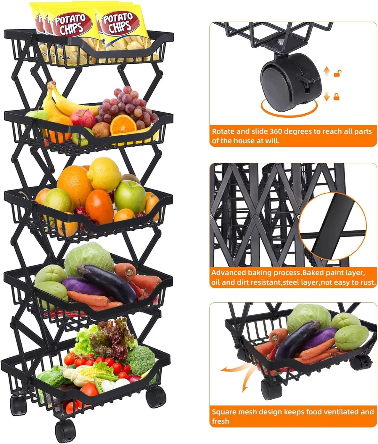 Kuber Industries 5-Layer Collapsible Kitchen Rack|Multipurpose Storage Basket|360-Degree Rotable Kitchen Trolley|Fruit Basket Pack of 2 (Black)