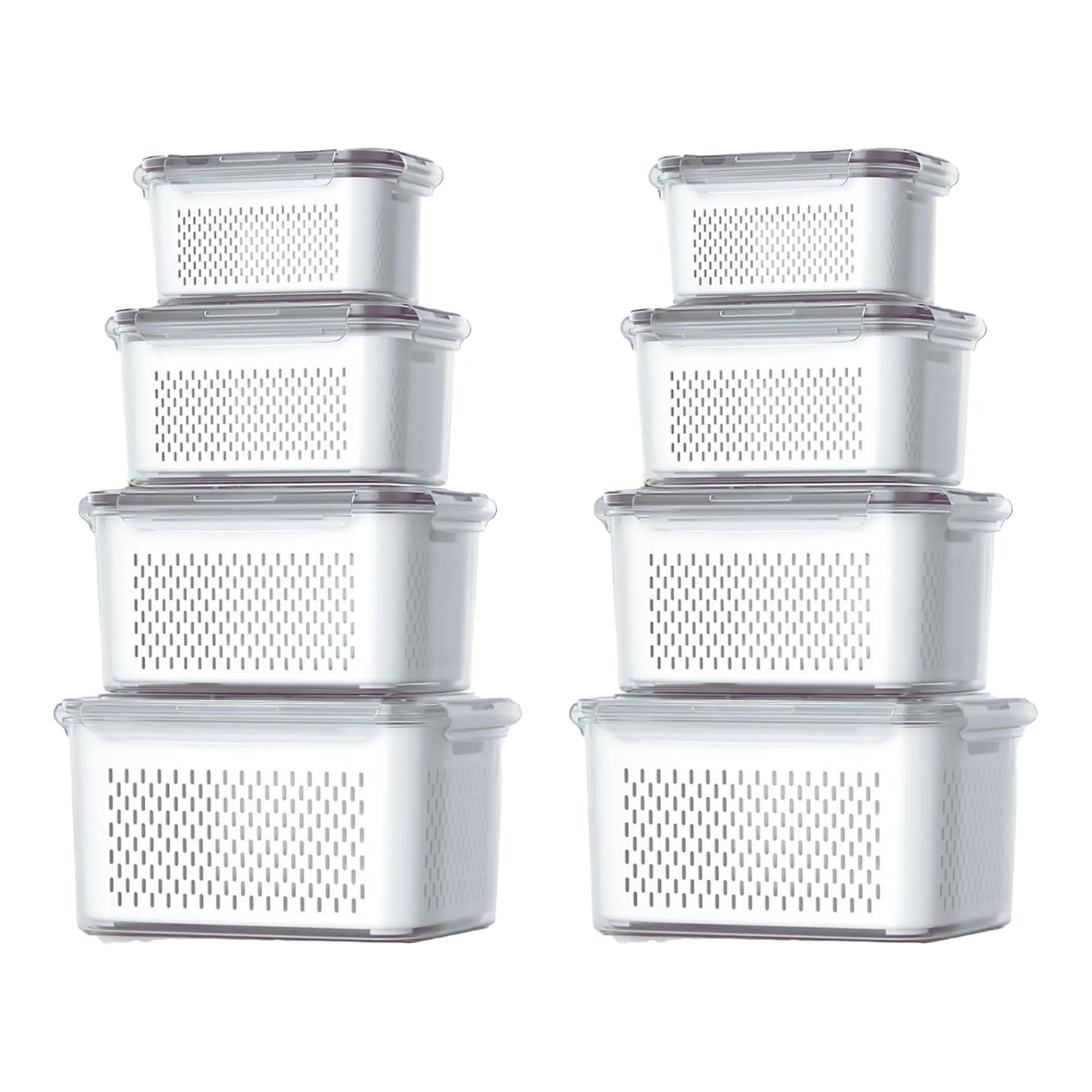 Kuber Industries 8 Pcs Food Containers | Storage Box for Fridge | Vegetable Fruit Boxes | Refrigerator Storage Box | Containers With Lid | Handheld Strainer Basket | HXP00740 | Transparent |Pack of 2