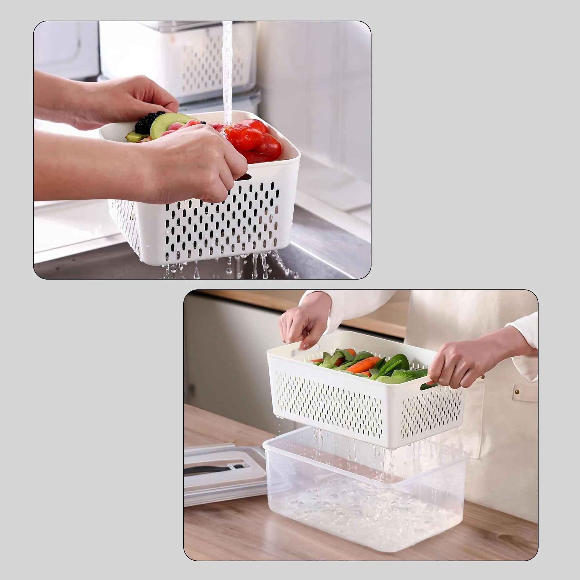 Kuber Industries 8 Pcs Food Containers | Storage Box for Fridge | Vegetable Fruit Boxes | Refrigerator Storage Box | Containers With Lid | Handheld Strainer Basket | HXP00740 | Transparent |Pack of 2