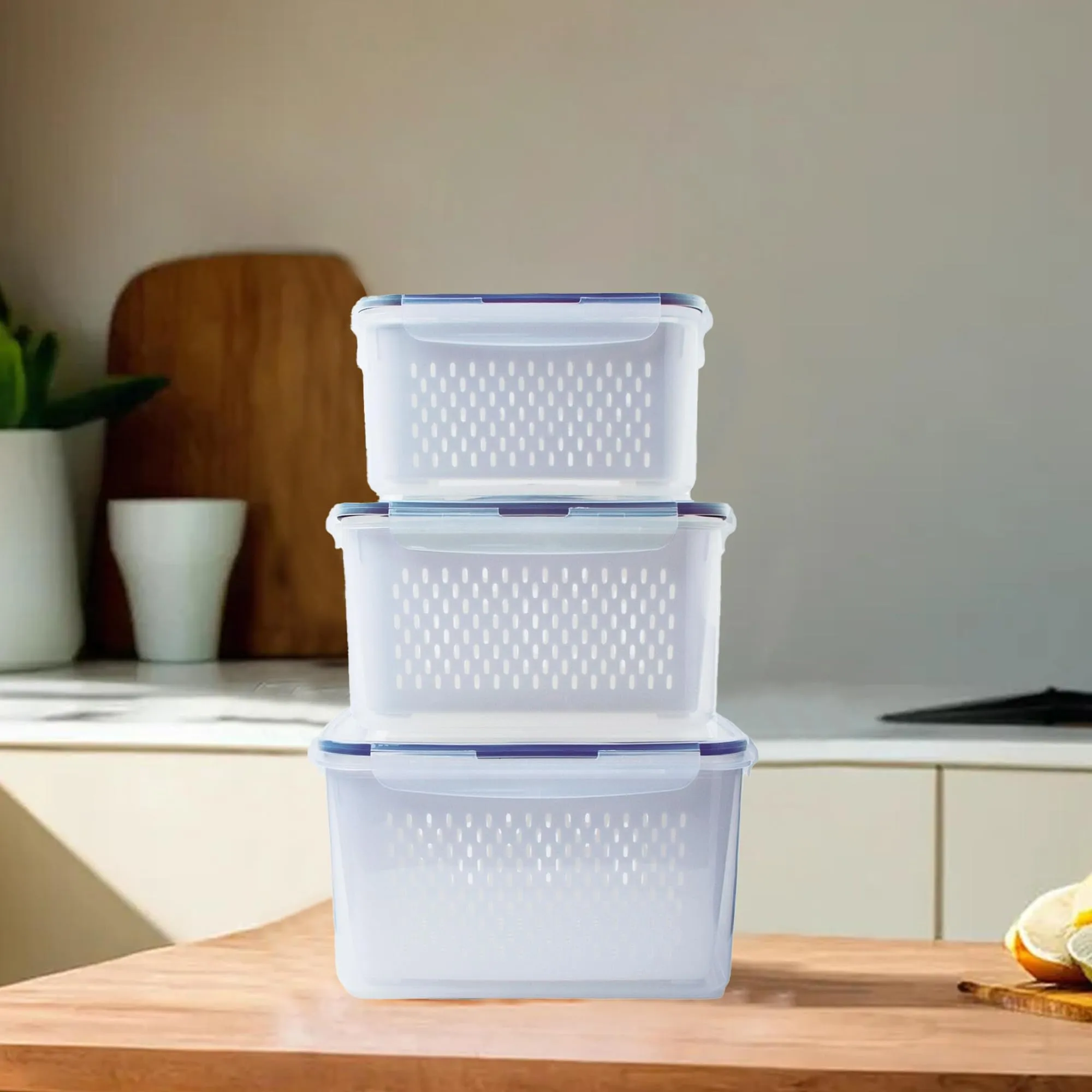 Kuber Industries 9 Pcs Food Containers | Storage Box for Fridge | Vegetable Fruit Boxes | Refrigerator Storage Box | Containers With Airtight Lid | Strainer Basket | HXP00284 | Transparent |Pack of 3