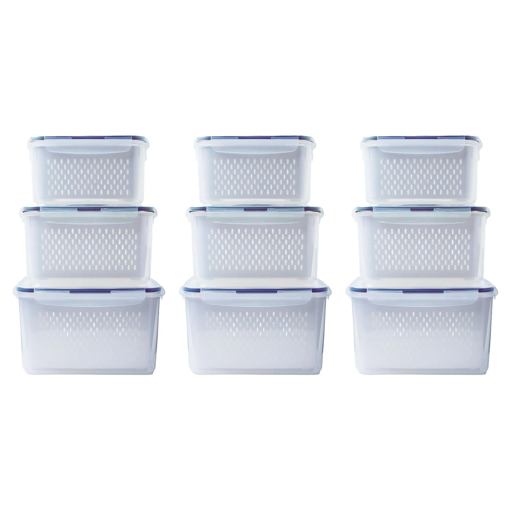 Kuber Industries 9 Pcs Food Containers | Storage Box for Fridge | Vegetable Fruit Boxes | Refrigerator Storage Box | Containers With Airtight Lid | Strainer Basket | HXP00284 | Transparent |Pack of 3