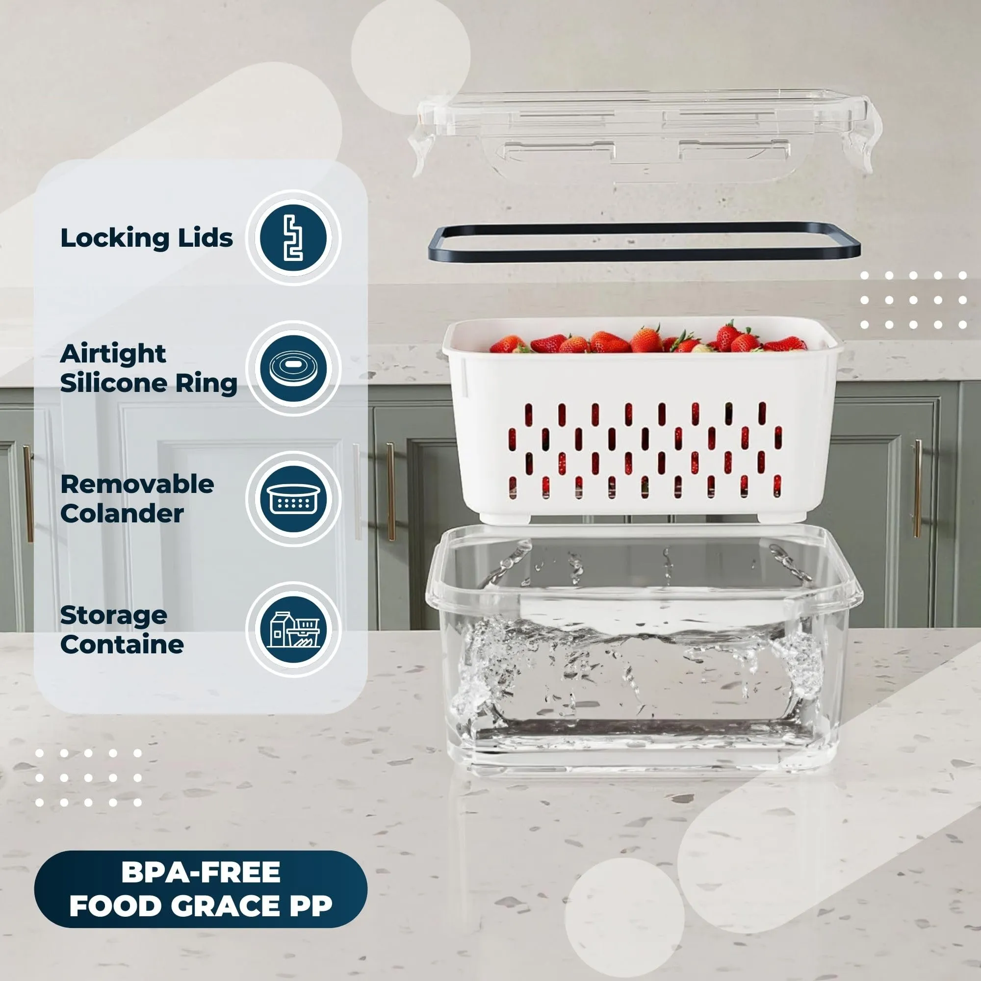 Kuber Industries 9 Pcs Food Containers | Storage Box for Fridge | Vegetable Fruit Boxes | Refrigerator Storage Box | Containers With Airtight Lid | Strainer Basket | HXP00284 | Transparent |Pack of 3