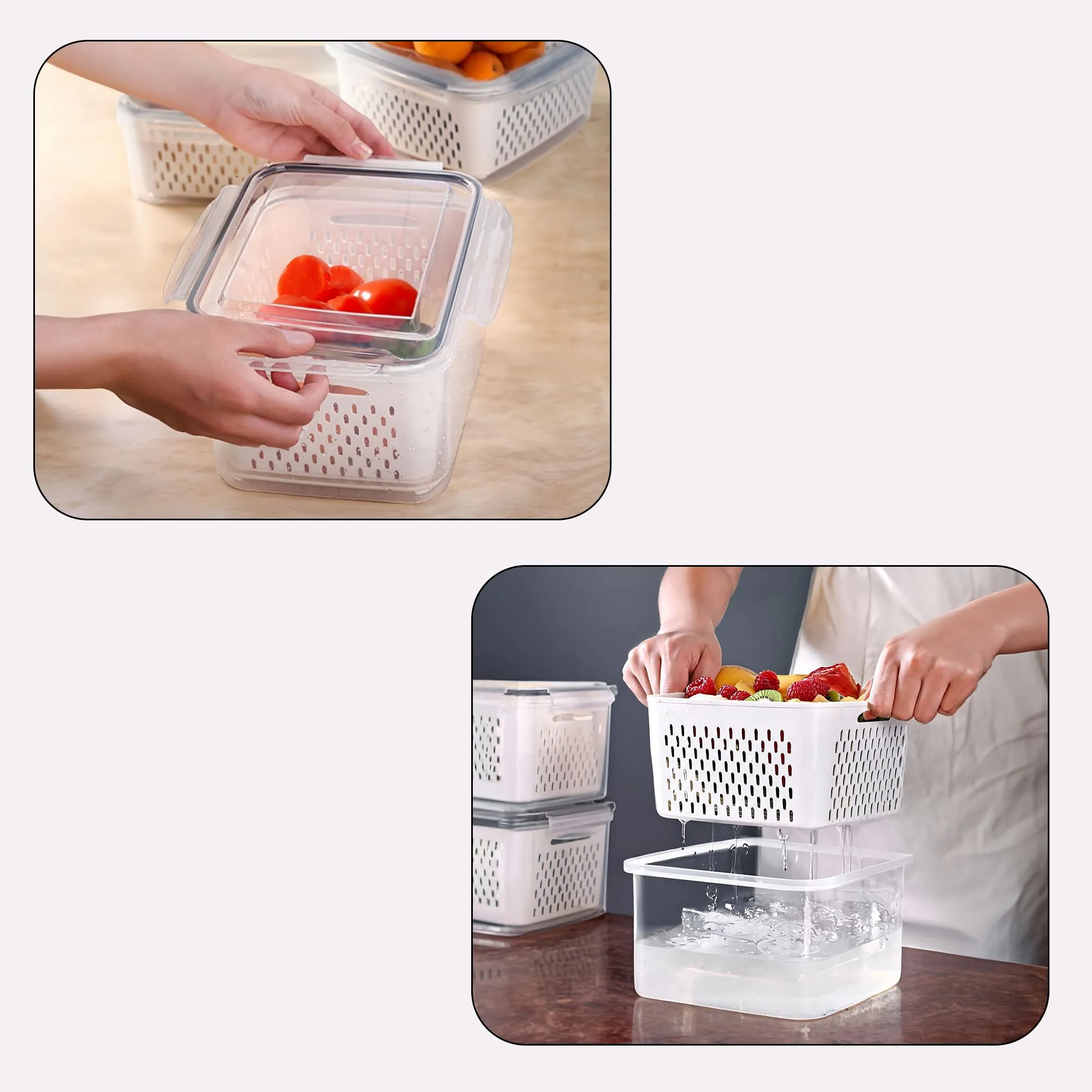 Kuber Industries 9 Pcs Food Containers | Storage Box for Fridge | Vegetable Fruit Boxes | Refrigerator Storage Box | Containers With Airtight Lid | Strainer Basket | HXP00284 | Transparent |Pack of 3