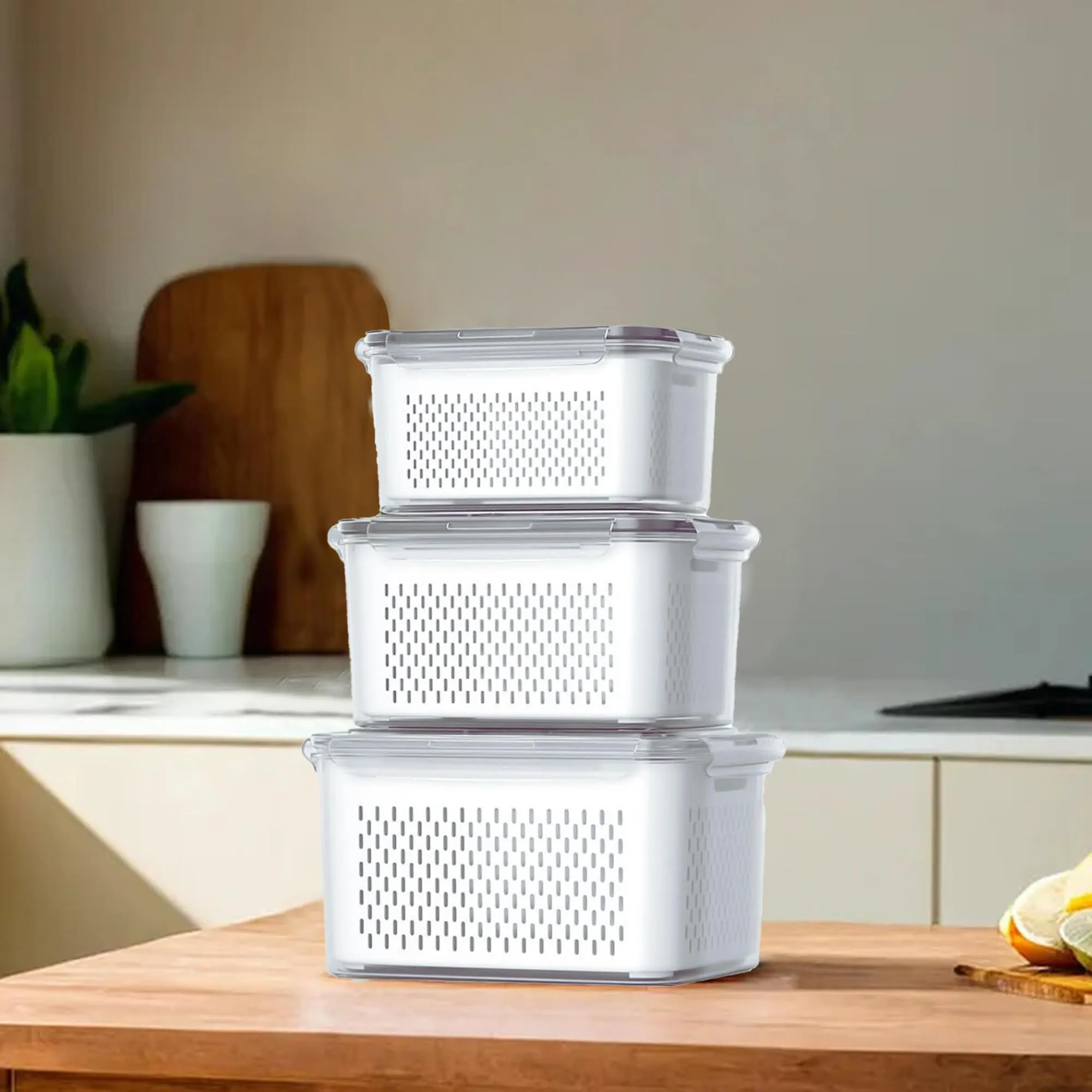 Kuber Industries 9 Pcs Food Containers | Storage Box for Fridge | Vegetable Fruit Boxes | Refrigerator Storage Box | Containers With Lid | Handheld Strainer Basket | HXP00740 | Transparent |Pack of 3