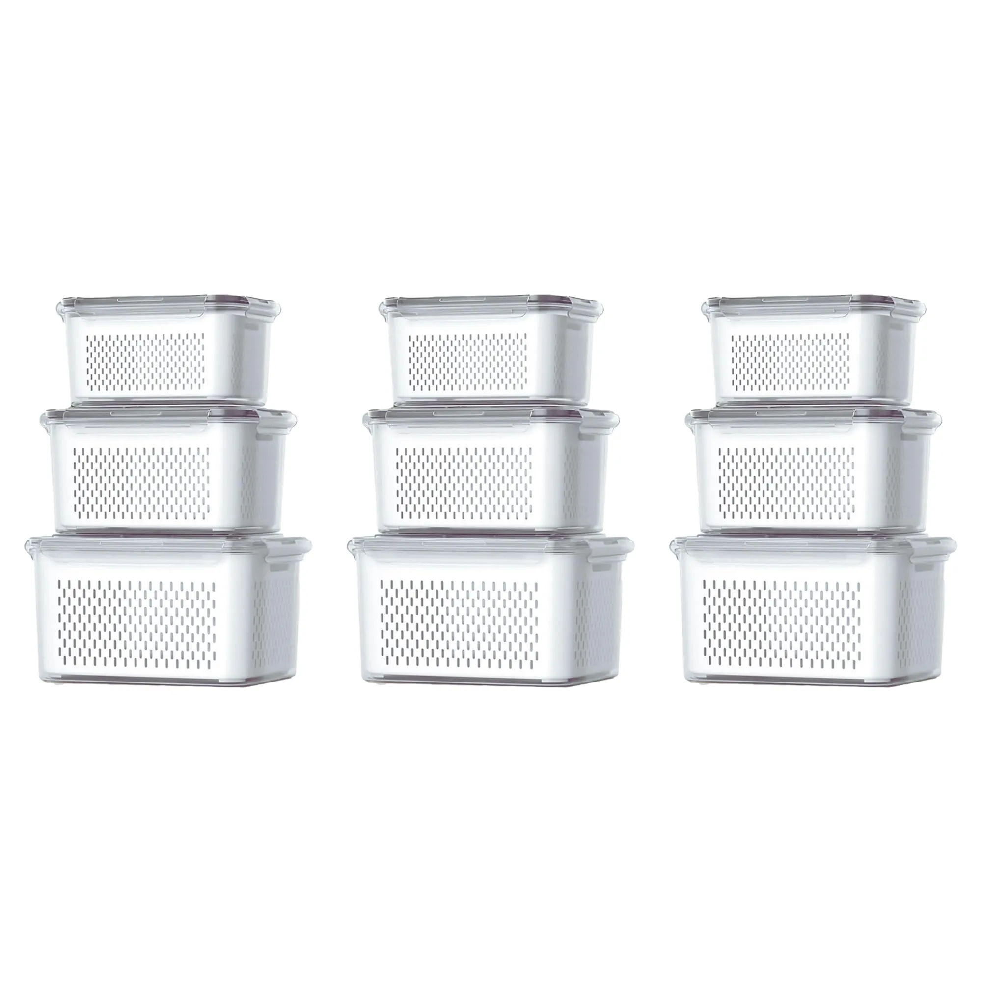 Kuber Industries 9 Pcs Food Containers | Storage Box for Fridge | Vegetable Fruit Boxes | Refrigerator Storage Box | Containers With Lid | Handheld Strainer Basket | HXP00740 | Transparent |Pack of 3