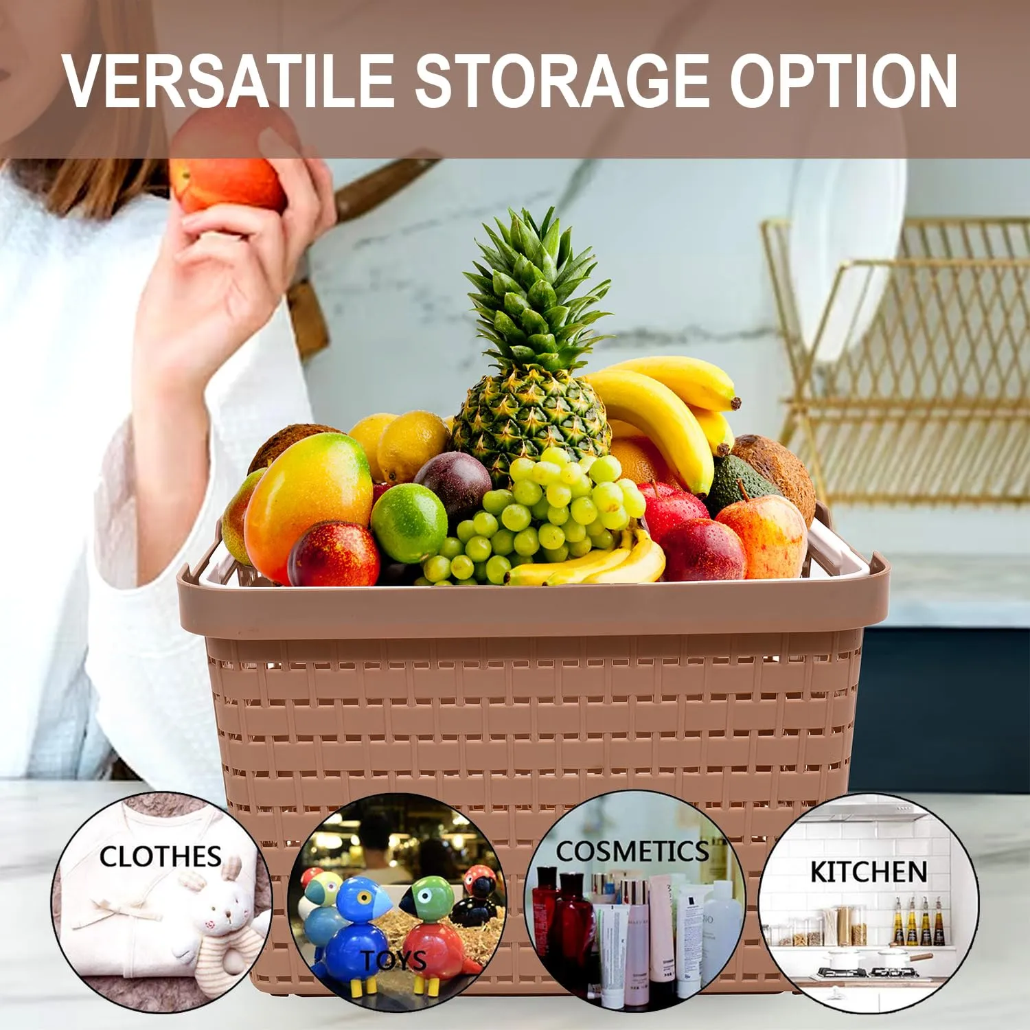 Kuber Industries Basket | Plastic Storage Basket for Fruits | Storage Basket for Picnic | Storage Basket for Kitchen | Stationery Storage Basket | FLORA-222 | Coffee