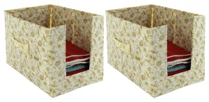 Kuber Industries Metallic Flower Printed Multiuses Non-Woven Closet Organizer With Handles- Pack of 2 (Cream) -HS43KUBMART26449