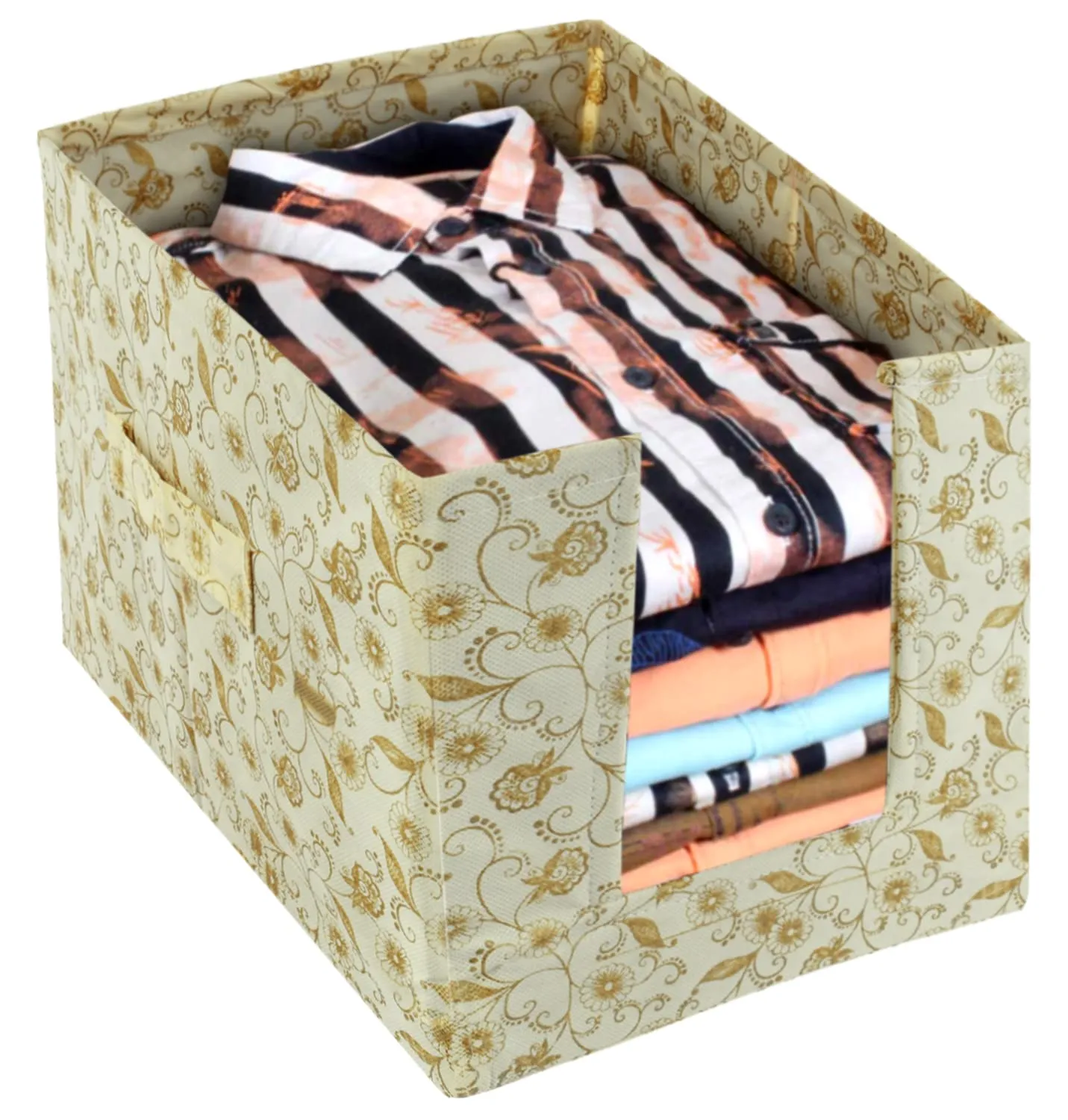 Kuber Industries Metallic Flower Printed Multiuses Non-Woven Closet Organizer With Handles- Pack of 2 (Cream) -HS43KUBMART26449