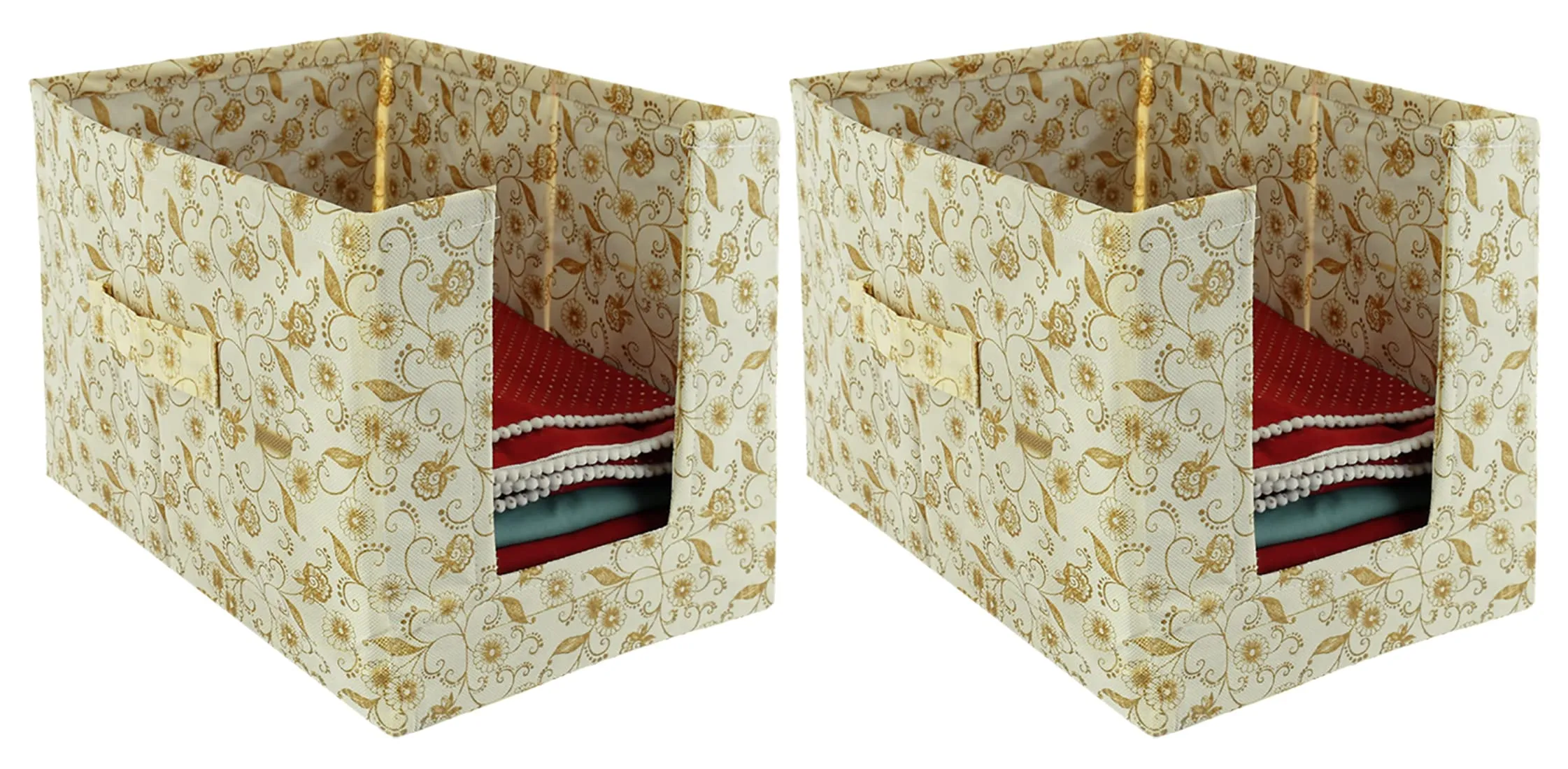 Kuber Industries Metallic Flower Printed Multiuses Non-Woven Closet Organizer With Handles- Pack of 2 (Cream) -HS43KUBMART26449