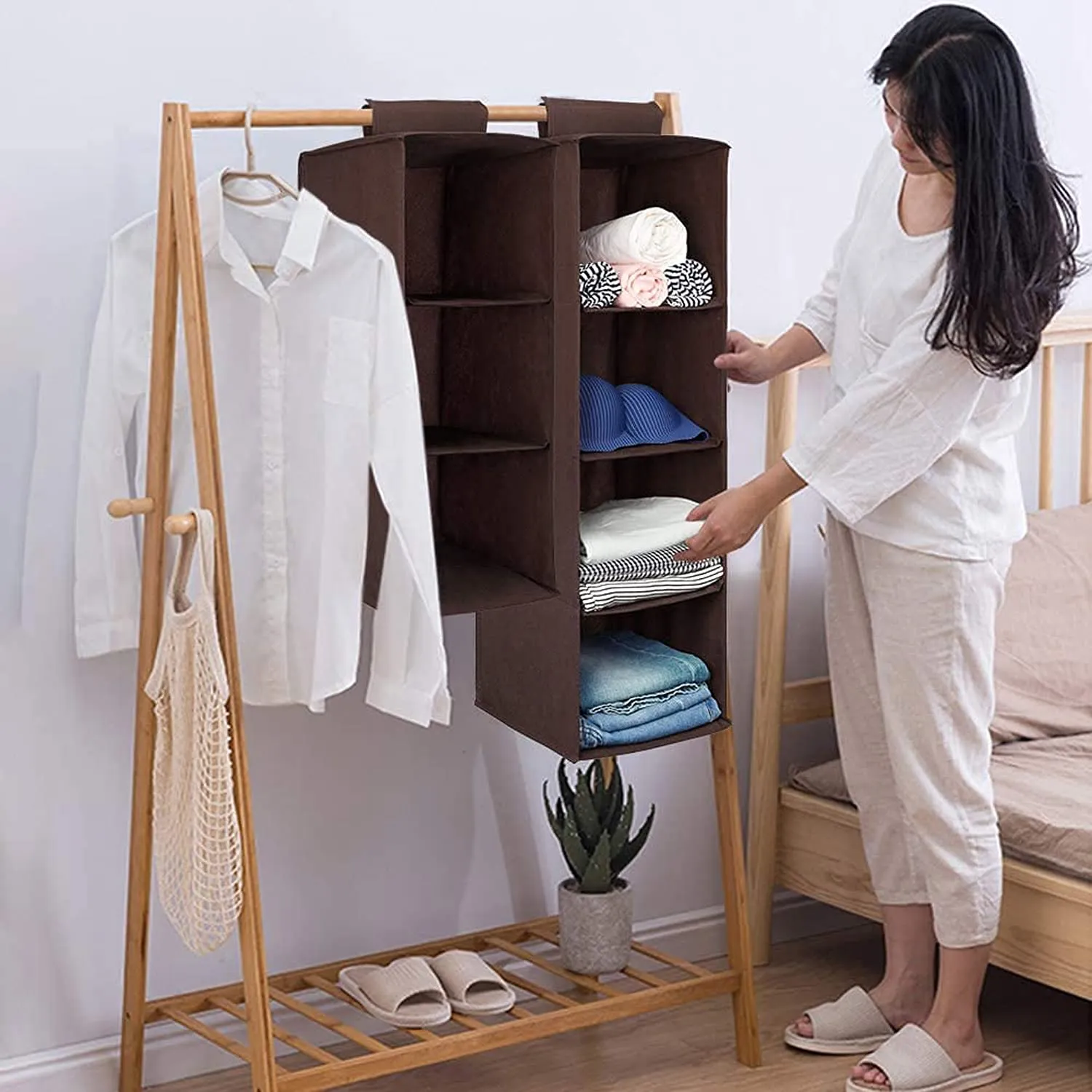 Kuber Industries Non Woven Hanging 4 Shelves Foldable Wardrobe Organizer- Pack of 2 (Brown)-HS40KUBMART23987